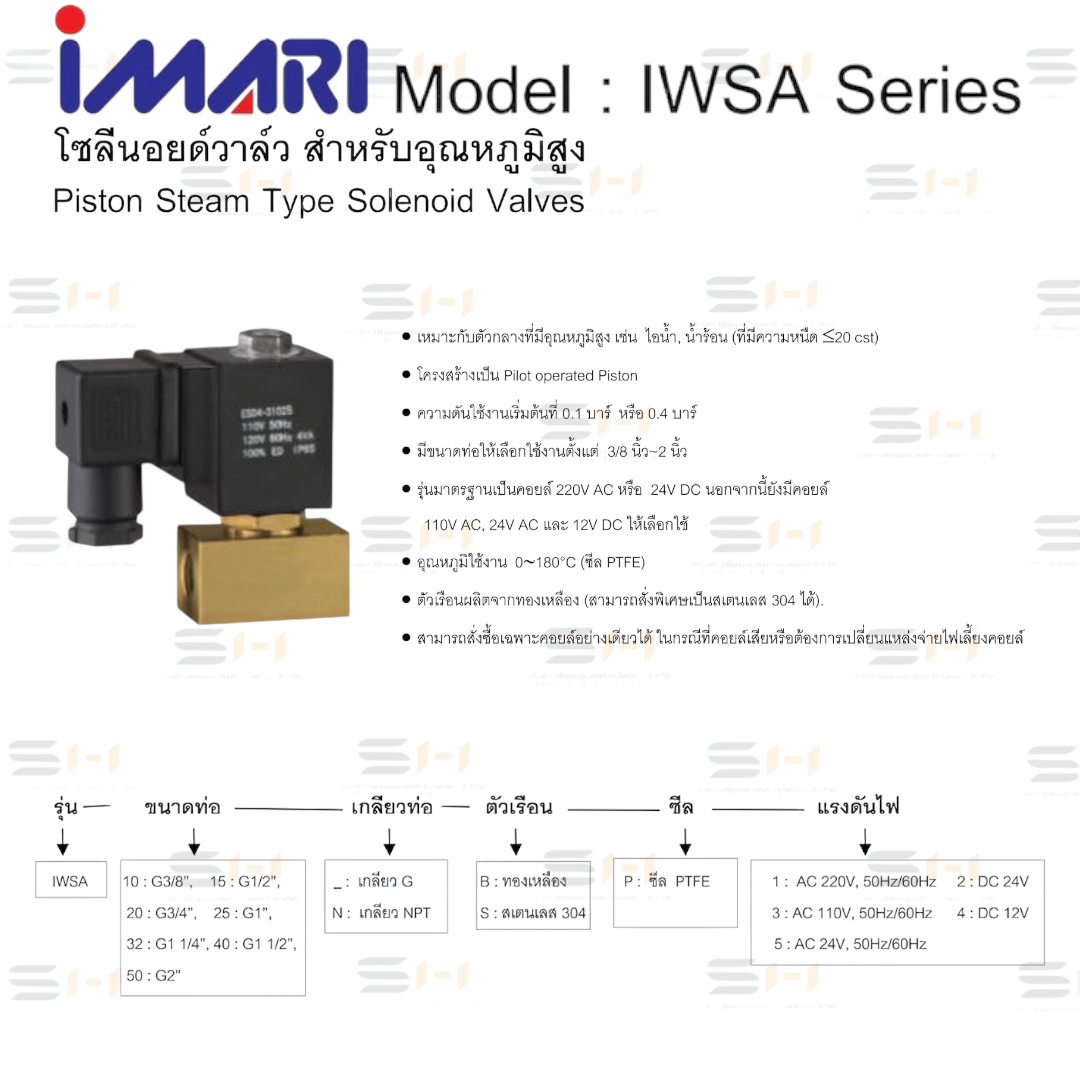 โซลีนอยด์วาล์ว สำหรับอุณหภูมิสูง Piston Steam Type Solenoid Valves (IMARI) IWSA Series