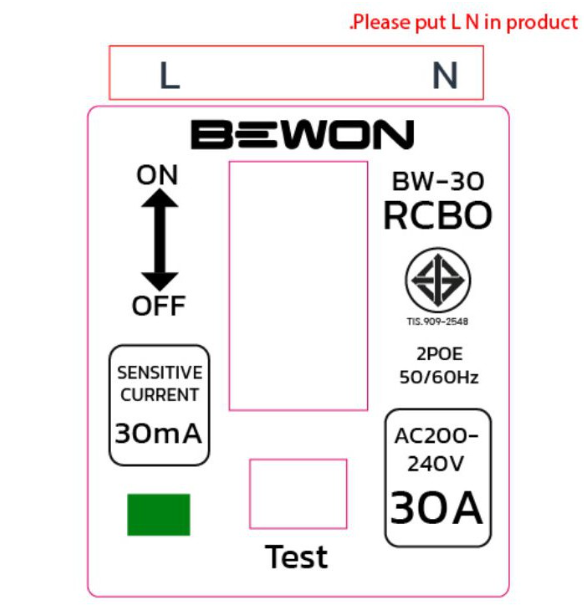 เบรกเกอร์กันดูด เบรกเกอร์RCBO เซฟตี้เบรกเกอร์ เบรคเกอร์ป้องกันไฟฟ้าดูด กันไฟฟ้ารั่ว ป้องกันไฟฟ้าลัดวงจร ขนาด 2P 30A 220-240V RCBO BEWON มอก.
