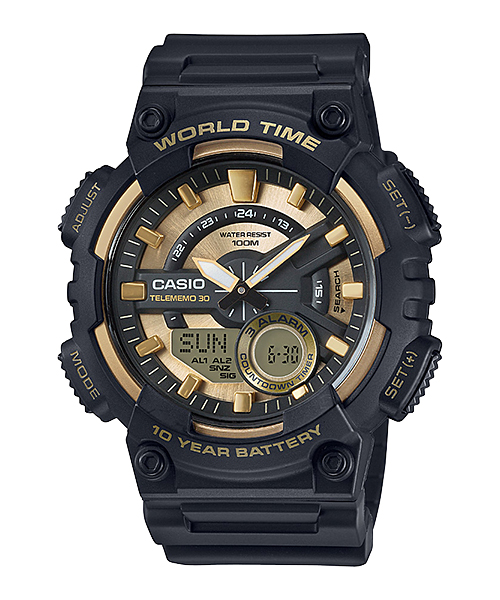 CASIO นาฬิกาข้อมือสายเรซิ่น รุ่น AEQ-110BW-9A สีดำ ทอง สินค้าของเเท้ รับประกันศูนย์ CMG