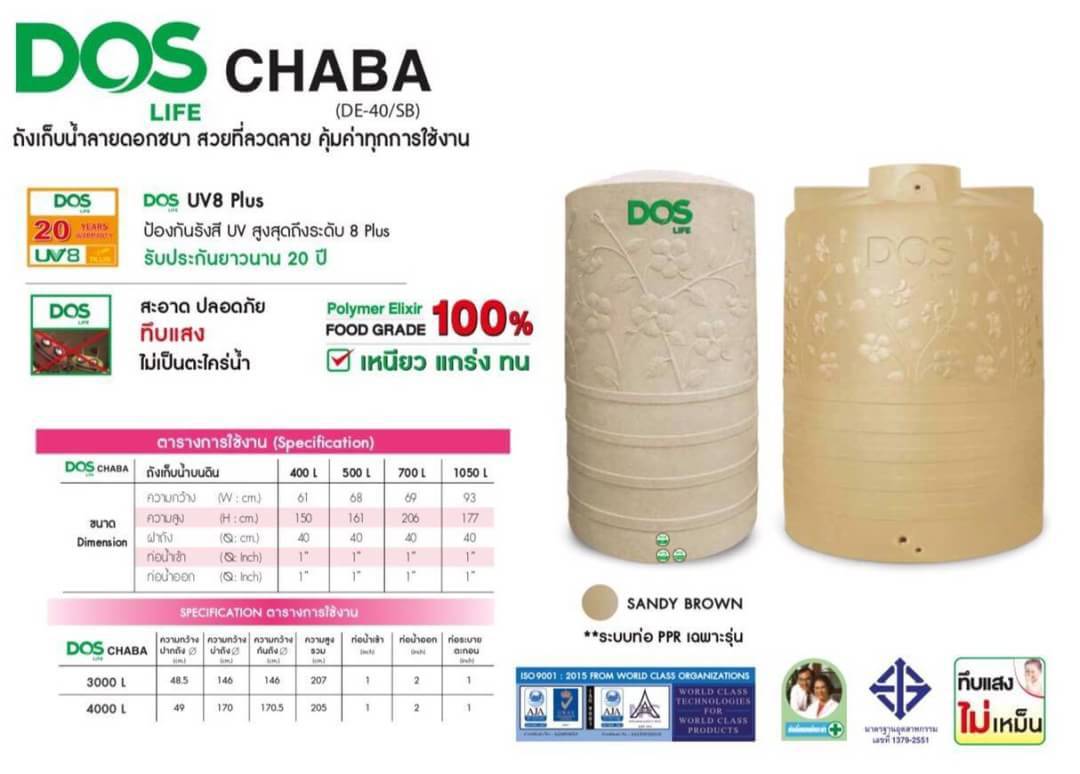 ถังน้ำบนดิน DOS รุ่นชบา 1050 ลิตร สีทราย
