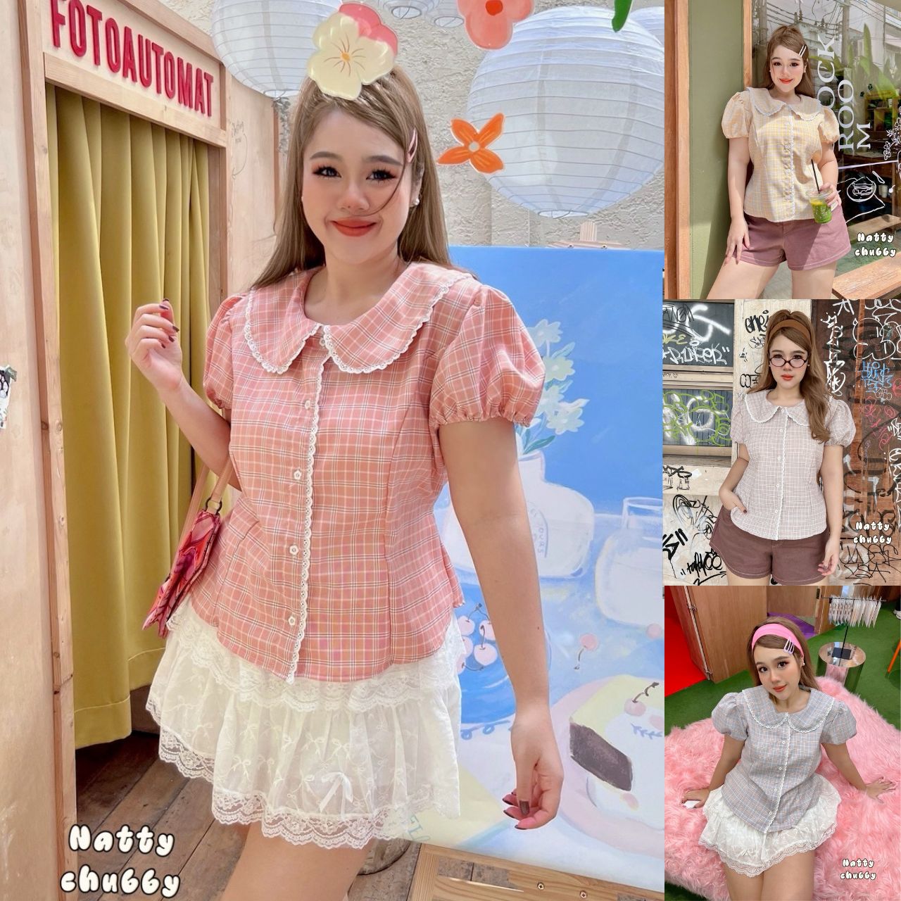 J151 เสื้อ สาวอวบ คอบัวแขนตุ๊กตา ผ้าลายสก็อต แต่งลูกไม้ที่คอและตัว โอรส ครีม เหลือง ม่วง อก 38-50 นิ้ว
