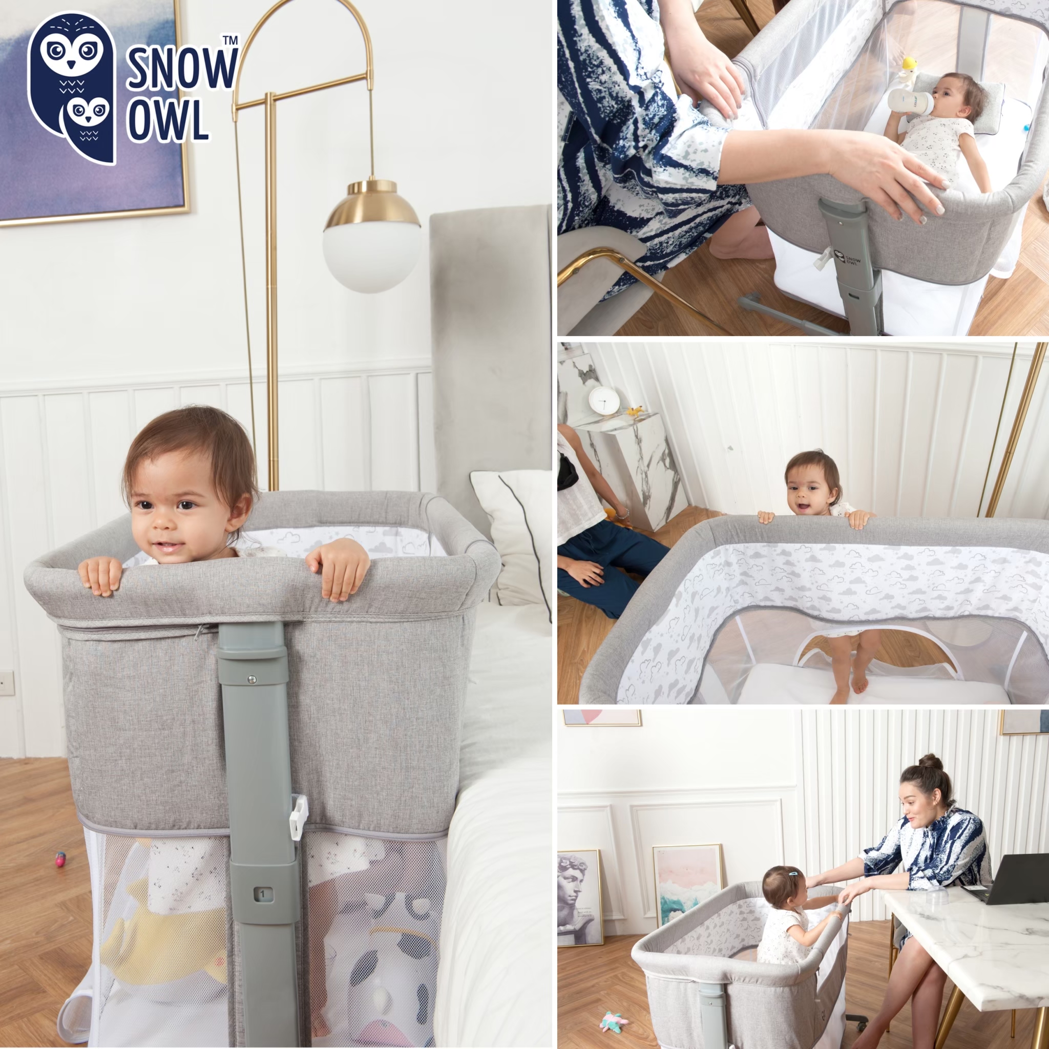 SNOW OWL™ BABY BEDSIDE CRIB เตียงนอนเด็ก All in One สี GREY มีขาโยกได้
