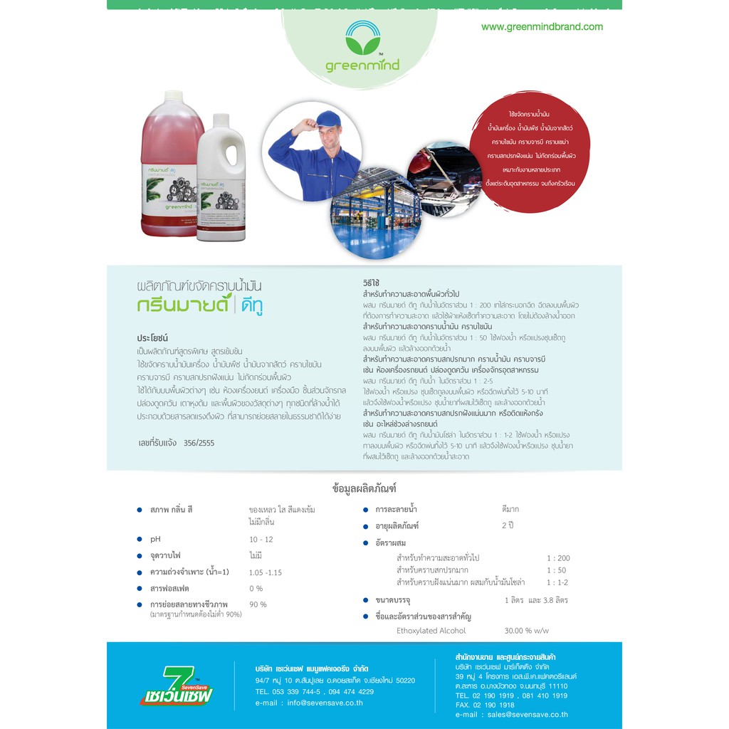 น้ำยาขจัดคราบน้ำมัน กรีนมายด์ ดีทู 3.8 ลิตร สูตรพิเศษ ใช้ขจัดคราบน้ำมันเครื่องน้ำมันพืชคราบจารบีคราบสกปรกฝังแน่น GREENMIND D2 Degreaser 3.8 L.