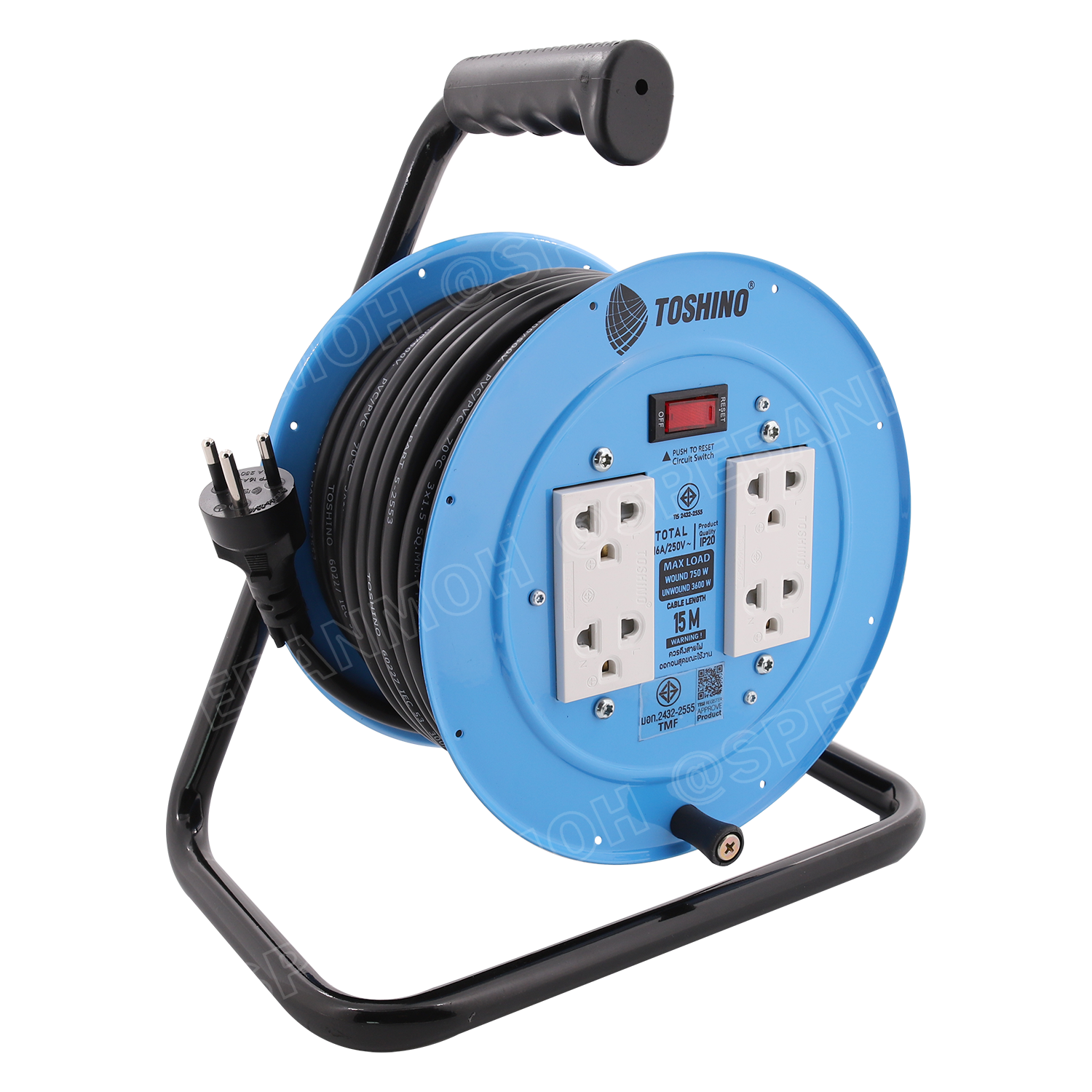 MN2-315T-15M ล้อไฟ Toshino ปลั๊กพ่วง Toshino ปลั๊กไฟ Toshino 16A 3600W MN2 315T 15M 15 เมตร ปลั๊กไฟแบบล้อ Toshino ยาว 15เมตร ล้อเก็บสายไฟ Toshino IP20 VCT 3 x 1.5 sq mm 15เมตร Toshino ระบบ ป้องกันกระแสไฟเกิน อัตโนมัติ ม่านนิรภัย มาตรฐานมอก