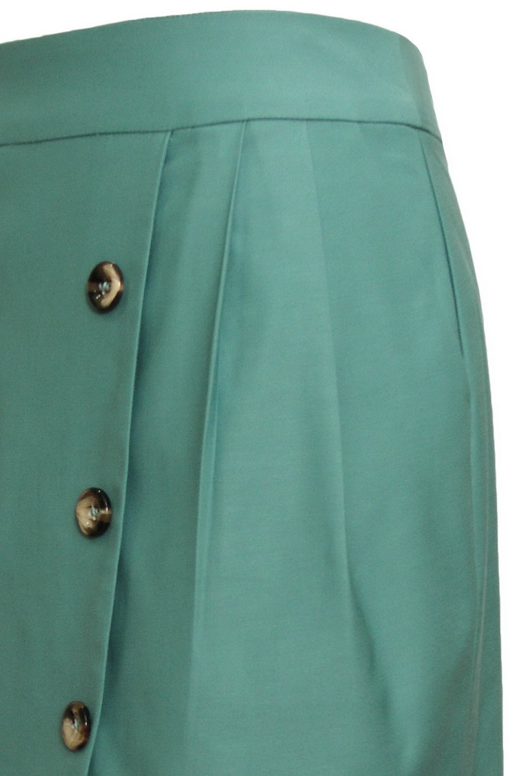 SK-091 กระโปรงแฟชั่น&ทำงาน ทรงสอบ ผ้าคอตต้อนญี่ปุ่นผสมสเปนเดกสีเขียวอมฟ้า แต่งด้วยกระดุม 6 เม็ด
