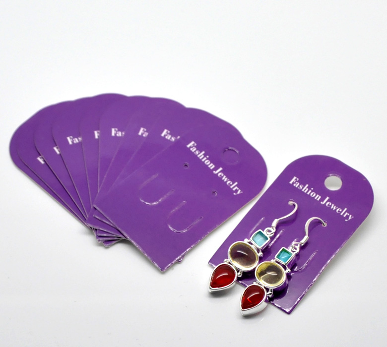 แป้นกระดาษสำหรับแขวนต่างหู สีม่วง พิมพ์ "Fashion Jewery" ขนาด 6x3.5cm(2 3/8"x1 3/8") แพ็ค 100 ชิ้น