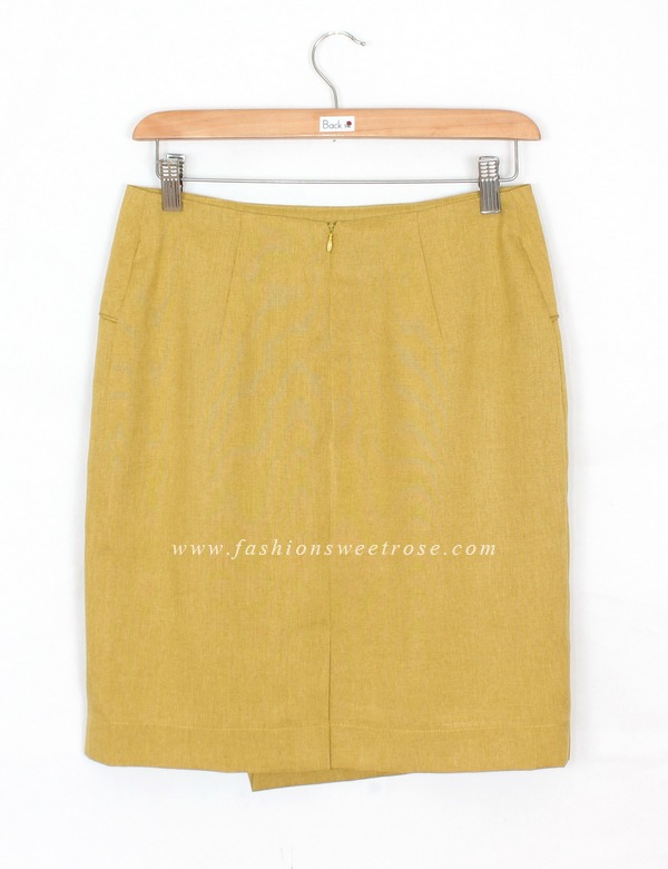 กระโปรงแฟชั่น&ทำงาน กระโปรงทรงสอบผ้าคอตต้อนลินินไอริสสีเหลืองมาสตาส ด้านหน้ากระโปรงดีไซน์ตัดต่อดูเรียบหรู / SK-428
