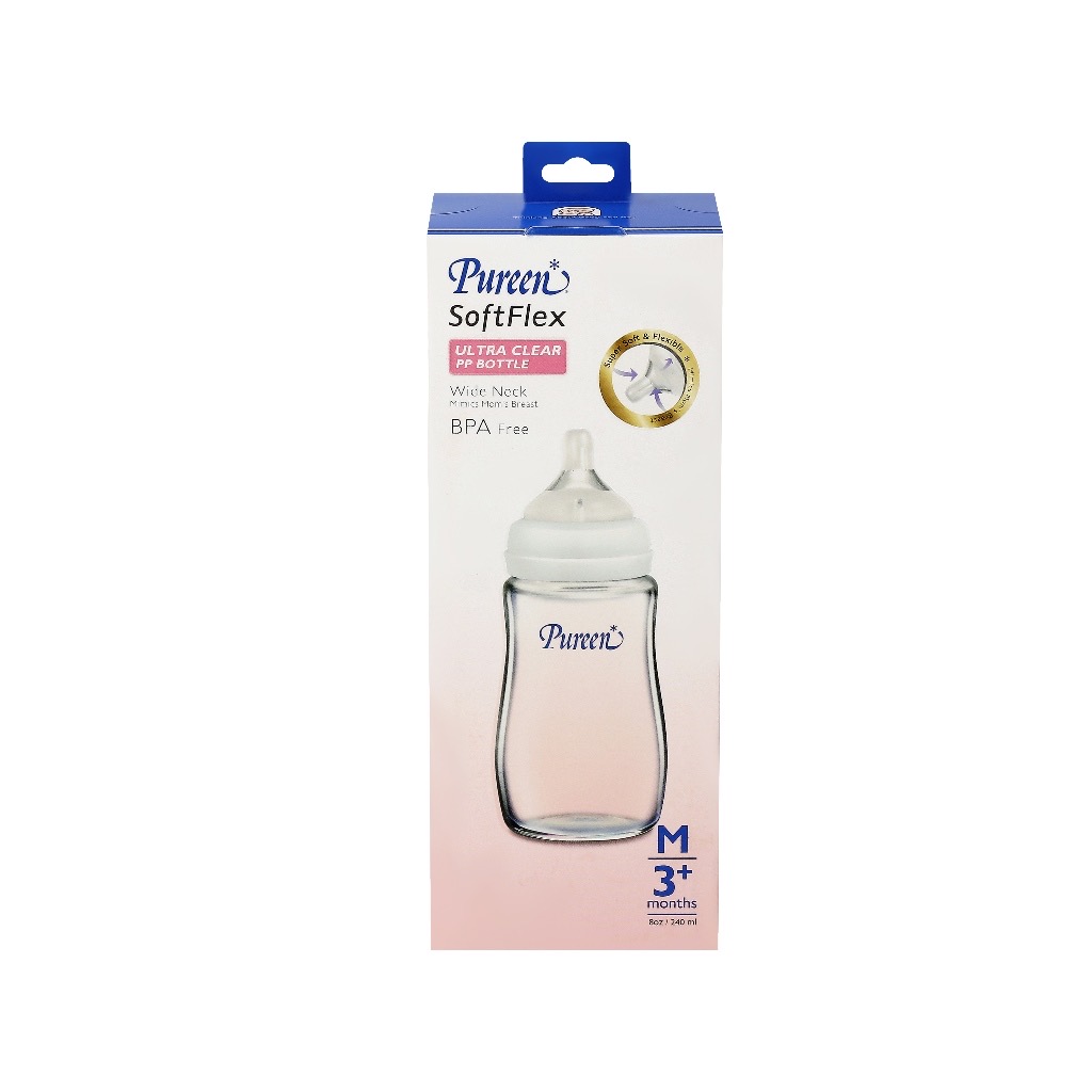 เพียวรีน ขวดนมคอกว้าง ซอฟท์เฟล็กซ์ (Ultra Clear) 8 oz