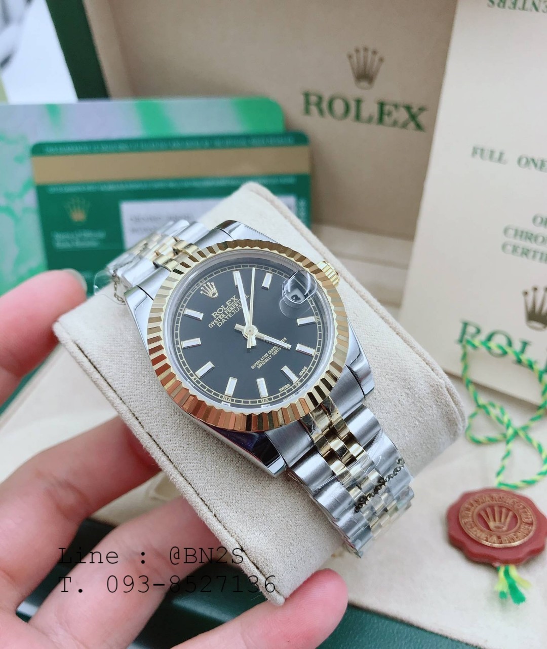 ROLEX DATEJUST Watch ตัวเรือนเงิน หน้าปัดดำ ขอบทอง 31 มม. มาพร้อมกล่องครบชุดตามรูป