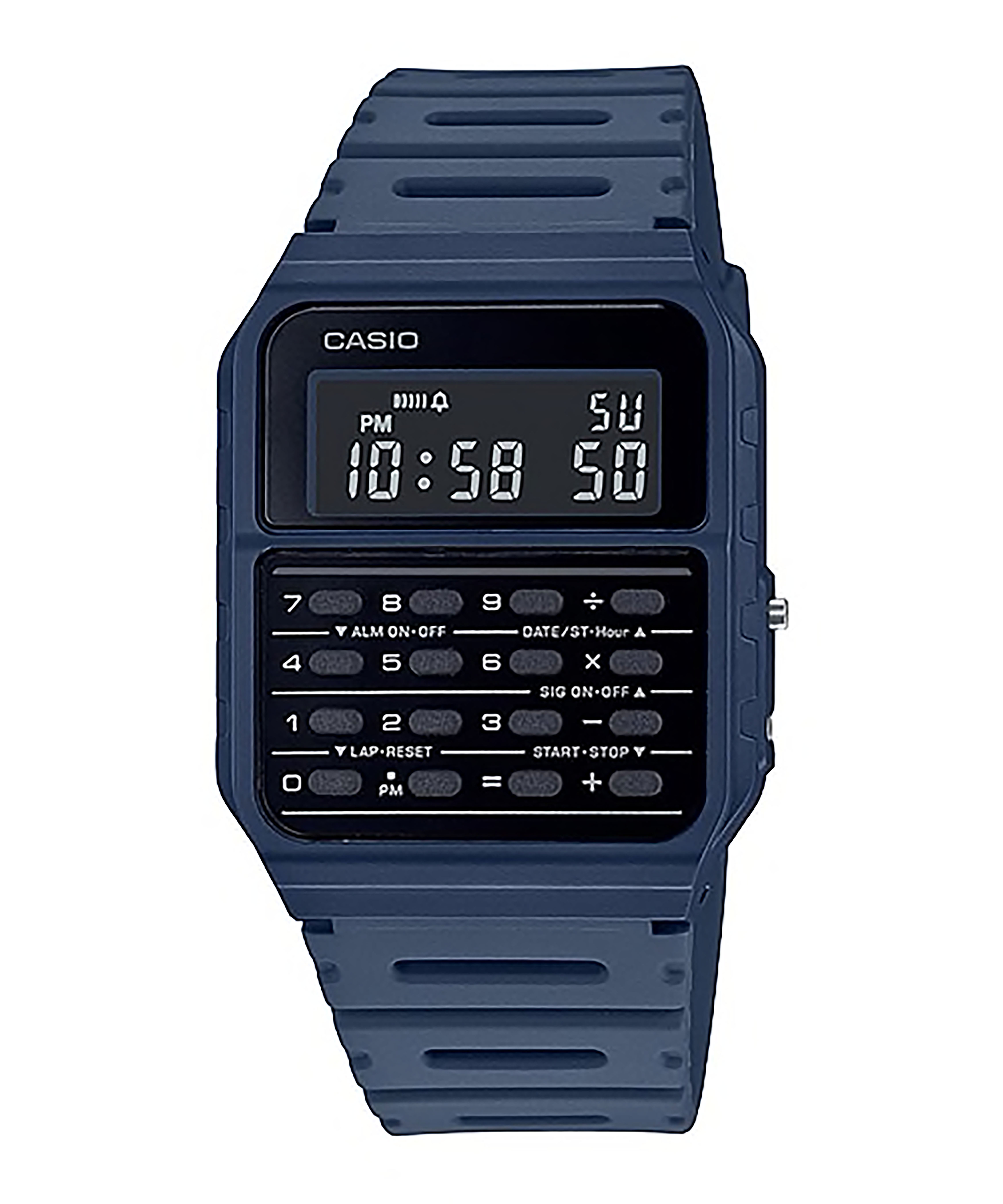 CASIO รุ่น CA-53WF-2BDF สีน้ำเงิน กรมท่า สายเรซิ่น คิดเลข DATA BANK สินค้าของเเท้ รับประกันศูนย์ CMG 1 ปี