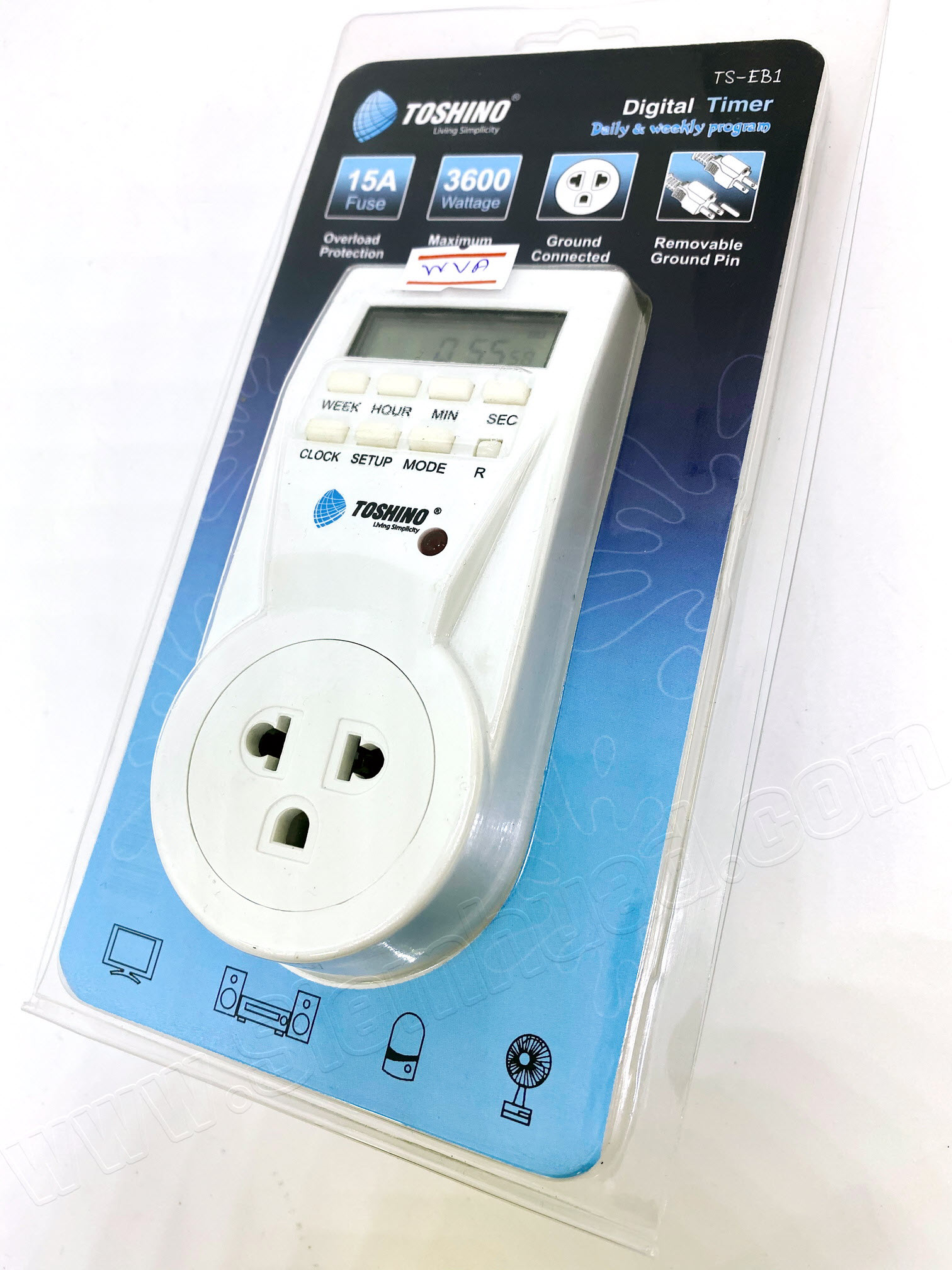 นาฬิกาตั้งเวลา และ ปลั๊กไฟตั้งเวลา ระบบดิจิตอล PLUG-IN TIMER (TOSHINO) TS-EB1