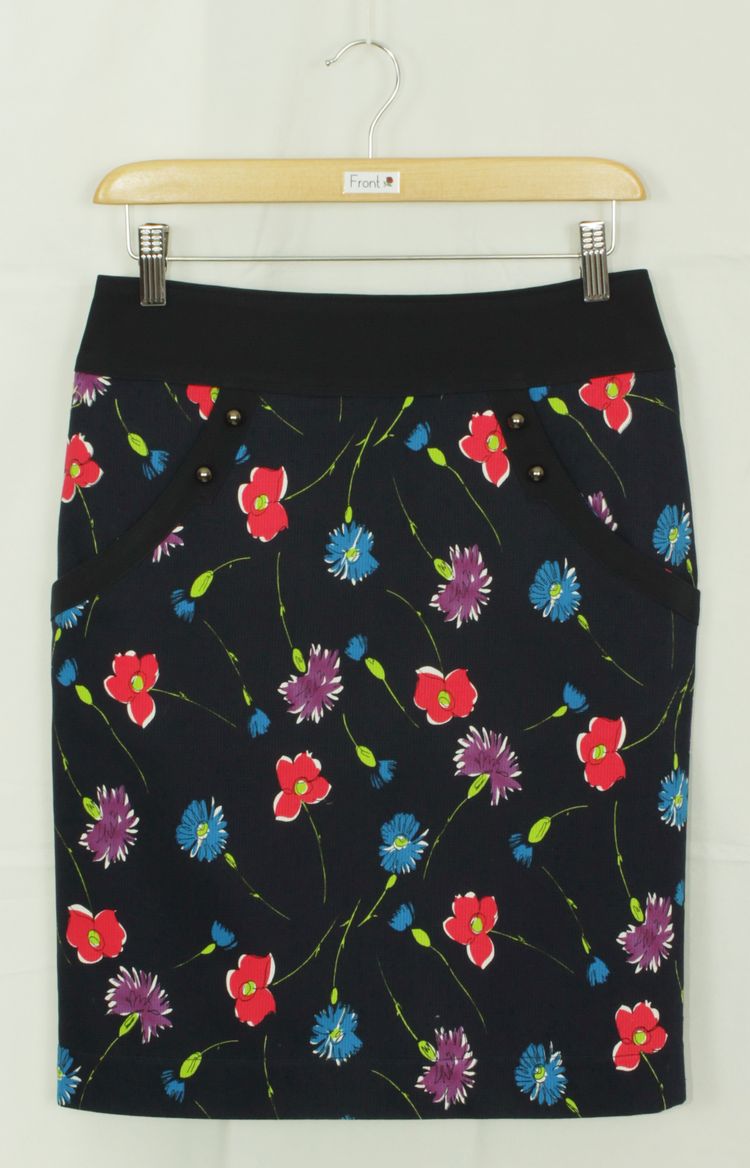 SK-181 กระโปรงแฟชั่น&ทำงาน ทรงสอบ ผ้าญี่ปุ่นผสมสเป็นเด็กพิมพ์ลายดอกไม้โทนน้ำเงิน