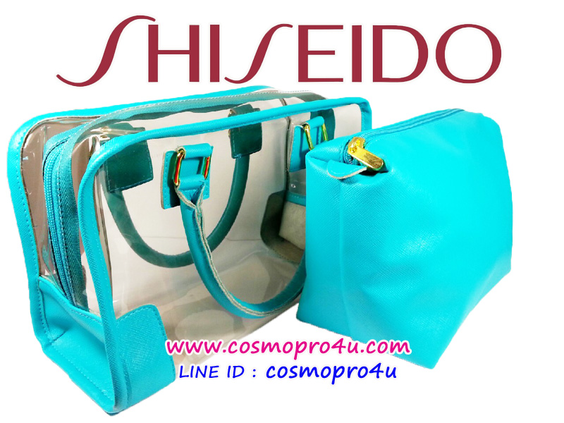 กระเป๋าชิเซโด้ SHISEIDO 2 in 1 สีเขียวฟ้า (มิ้นต์) และ กระเป๋าถือสีใสแต่งกุ้นขอบและหูหิ้วเข้าชุดกัน แยกเป็น2ใบได้ เก๋ไก๋ กันน้ำ
