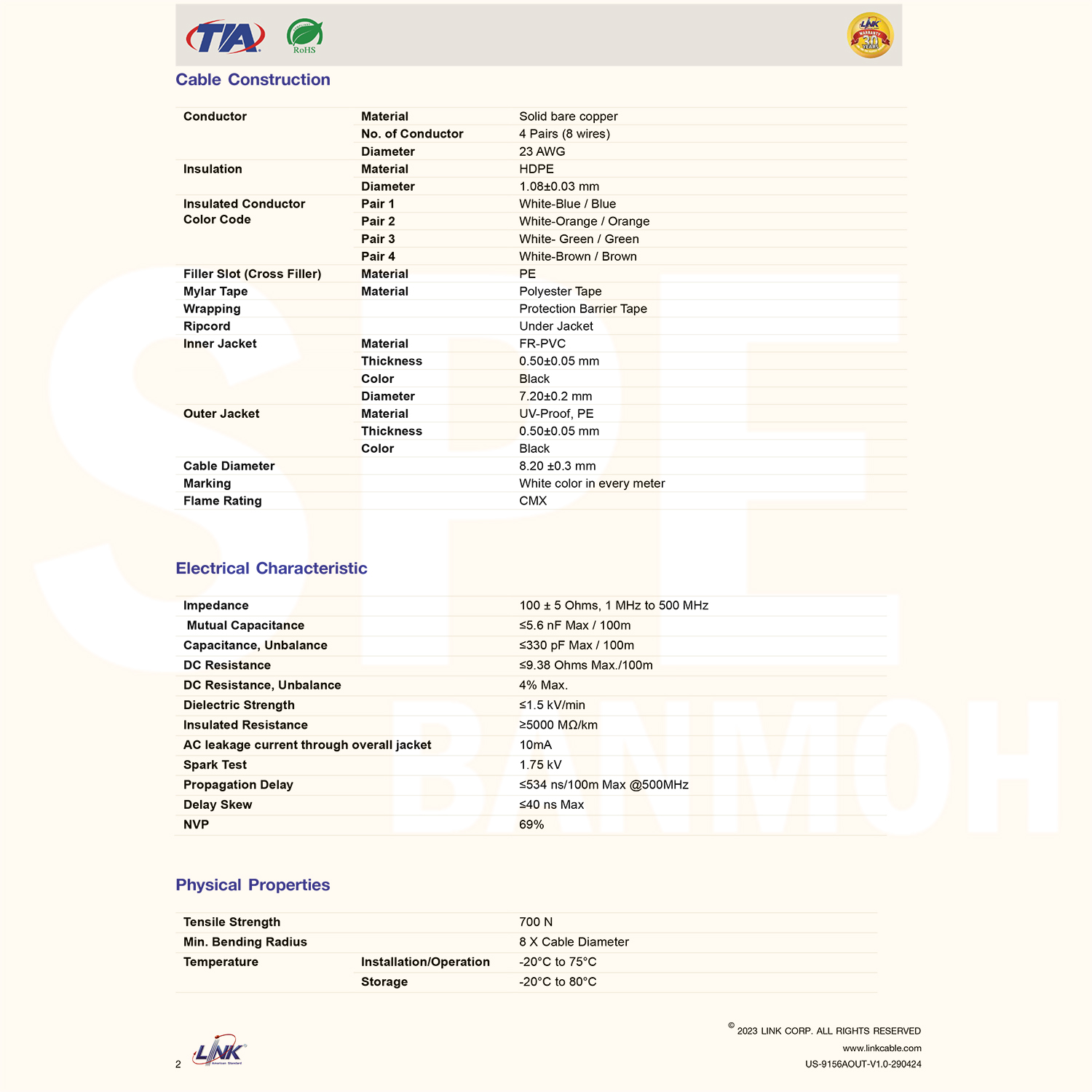 [ 1 เมตร ] US-9156A OUT สายแลนด์ ภายนอก CAT 6A OUTDOOR UTP Link Category 6A 23AWG Cable ทองแดงแท้ ลิ้งค์ CAT6A สายเคเบิลเครือข่าย Lan Cable สายแลนเน็ต สายเน็ต สายต่อเน็ต สายข้อมูล Gbps SSTP Gigabit Network Copper LAN