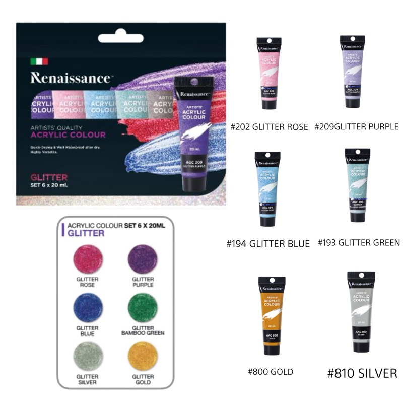ชุด สีอะคริลิค 6 สี Renaissance รุ่น METALLIC / GLITTER ปริมาณ 20 ml.