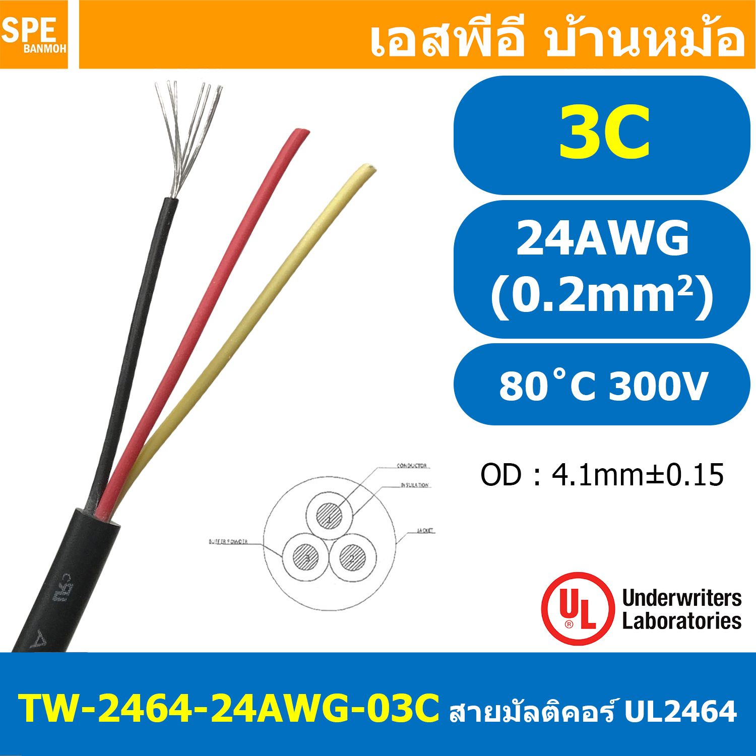 [ 2เมตร ] TW-2464-24AWG-3C สายมัลติคอร์ 3 คอร์ ขนาด 24AWG 3C x 24AWG UL2464 300V 80°C AWG24 เบอร์ 24 สาย 3 ไส้ สายฝอย 3 แกน สีเงิน Multicore Cable 3C Computer Cable TCU Tinned Stranded Copper AWM 2464 24AWG VW-1 80°C 300V E150612 Thai Wonderful FT1