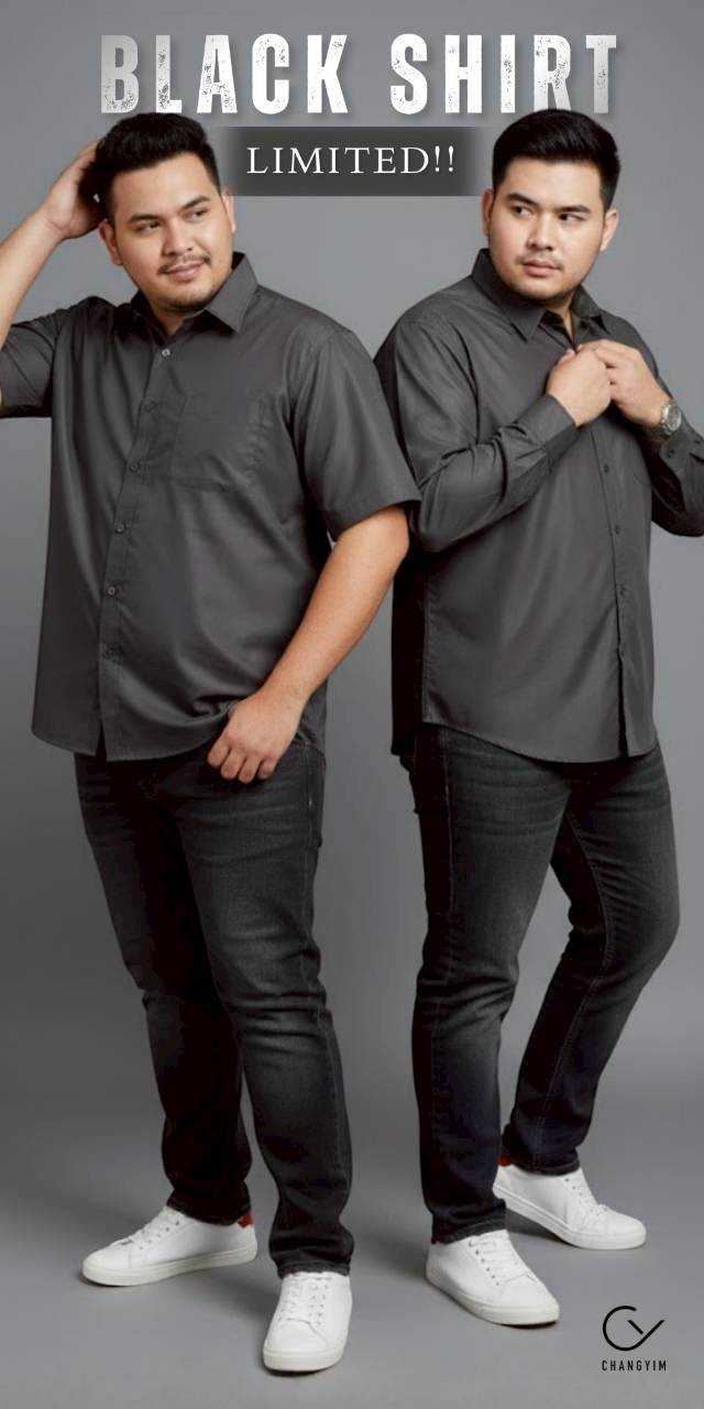 [CHANGYIM] เสื้อเชิ้ตคนอ้วน สีดำพรีเมียม ผ้า Cotton แท้ (แขนสั้น/ยาว) ไซส์ 2XL-5XL