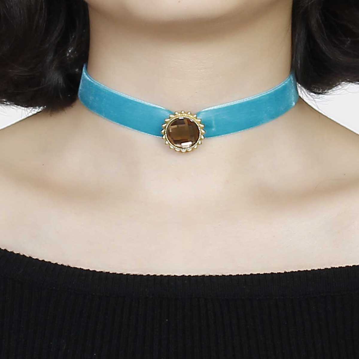 สร้อยคอ Choker แฟชั่น ริบบิ้นกำมะหยี่สีเขียวอมฟ้า จี้พระอาทิตย์แก้วคาโบโชน รอบคอ ยาว 34.5cm 1 เส้น