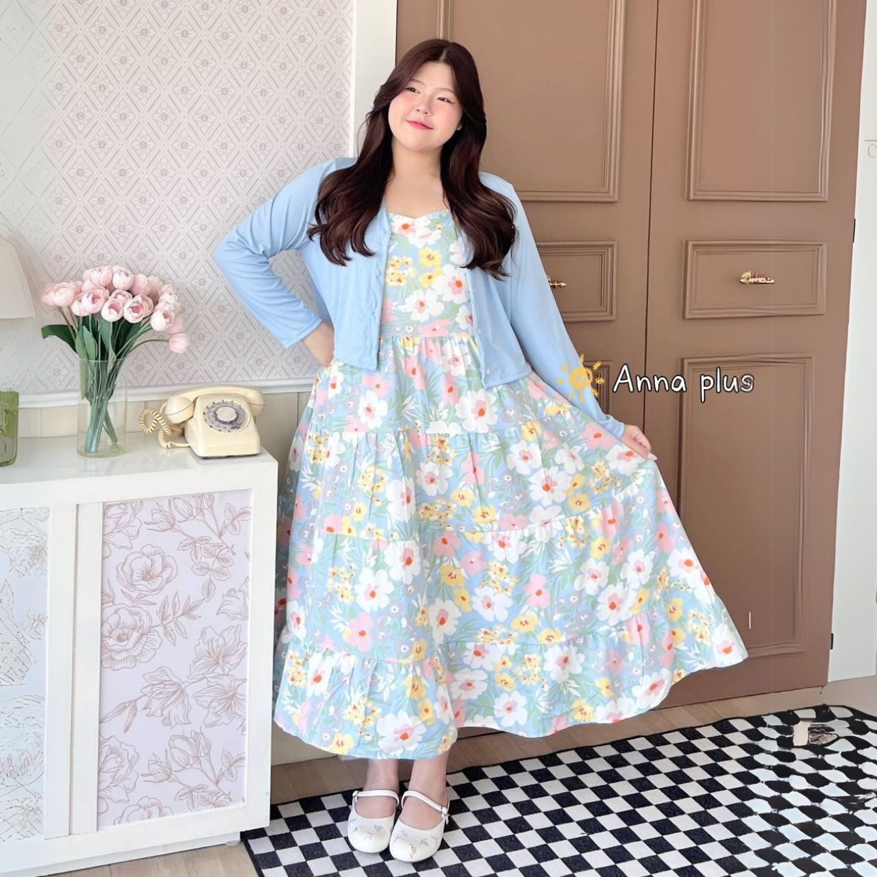 A202 เดรส สาวอวบ ลายดอก สม็อคหลัง มาพร้อมเสื้อคลุมจะรับเฉพาะเดรสอย่างเดียวก็ได้ ชมพู ฟ้า เขียว อก40-50นิ้ว