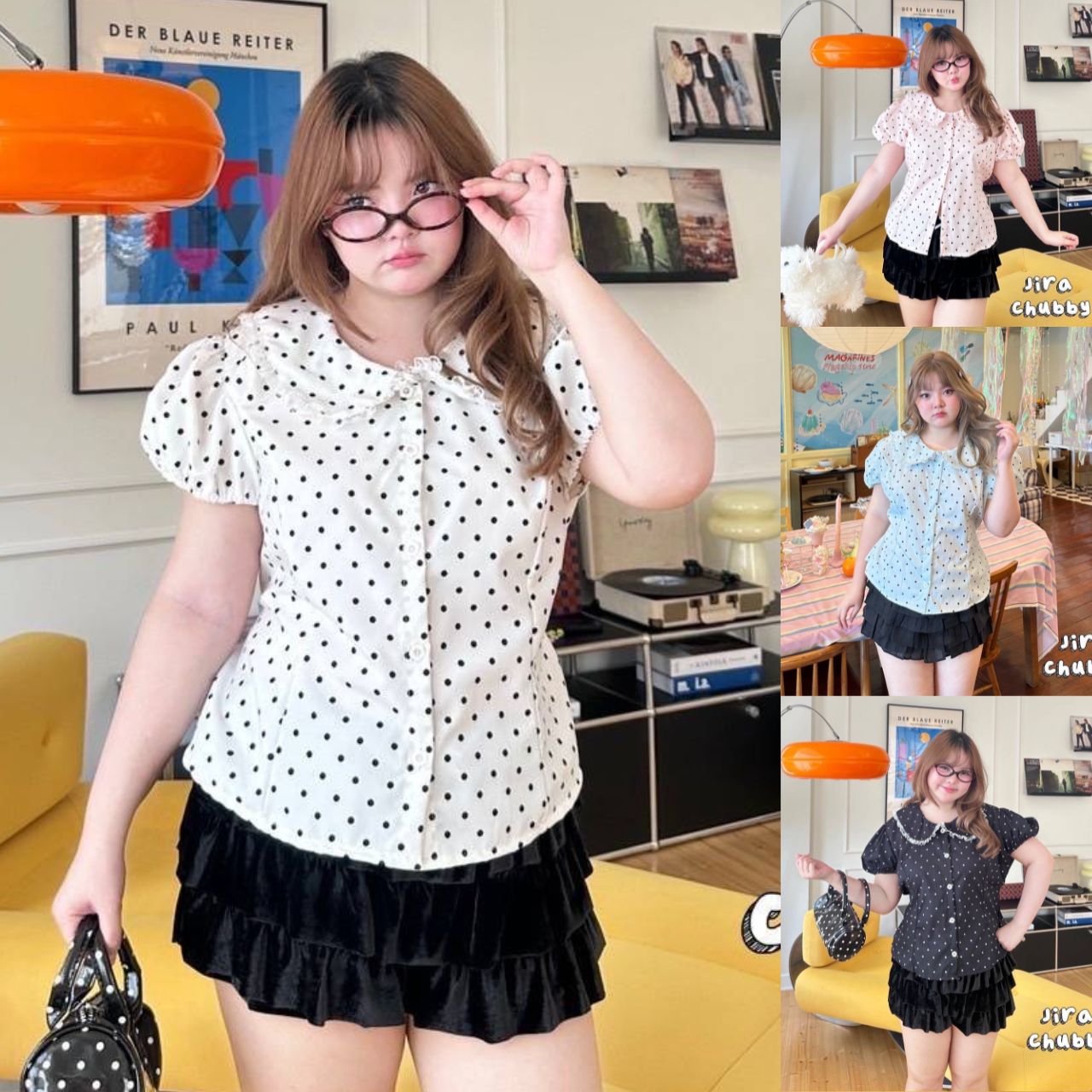 J139 เสื้อสาวอวบ ลายจุด แขนตุ๊กตา มีเชือกพูกหลัง ขาว ชมพู ฟ้า ดำ อกได้ถึง48นิ้ว หน้าผ้า50นิ้ว