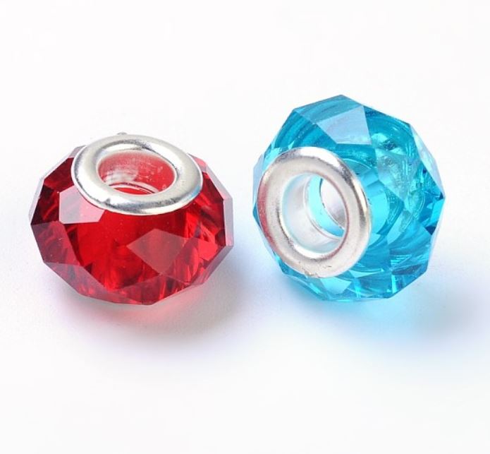 ลูกปัดแก้วยุโรปรูใหญ่ขอบตัด แกนเงินนิกเกิ้ลขนาด 14x8mm รู 5mm