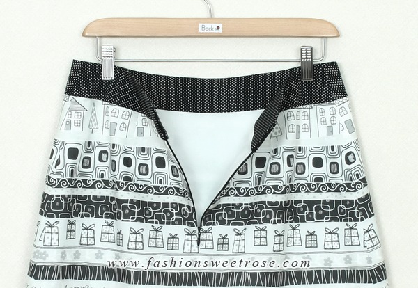 SK-327 กระโปรงแฟชั่น&ทำงาน ทรงบาน ผ้าคอตต้อนญี่ปุ่นพิมพ์ลายกราฟฟิกโทนขาว-ดำ