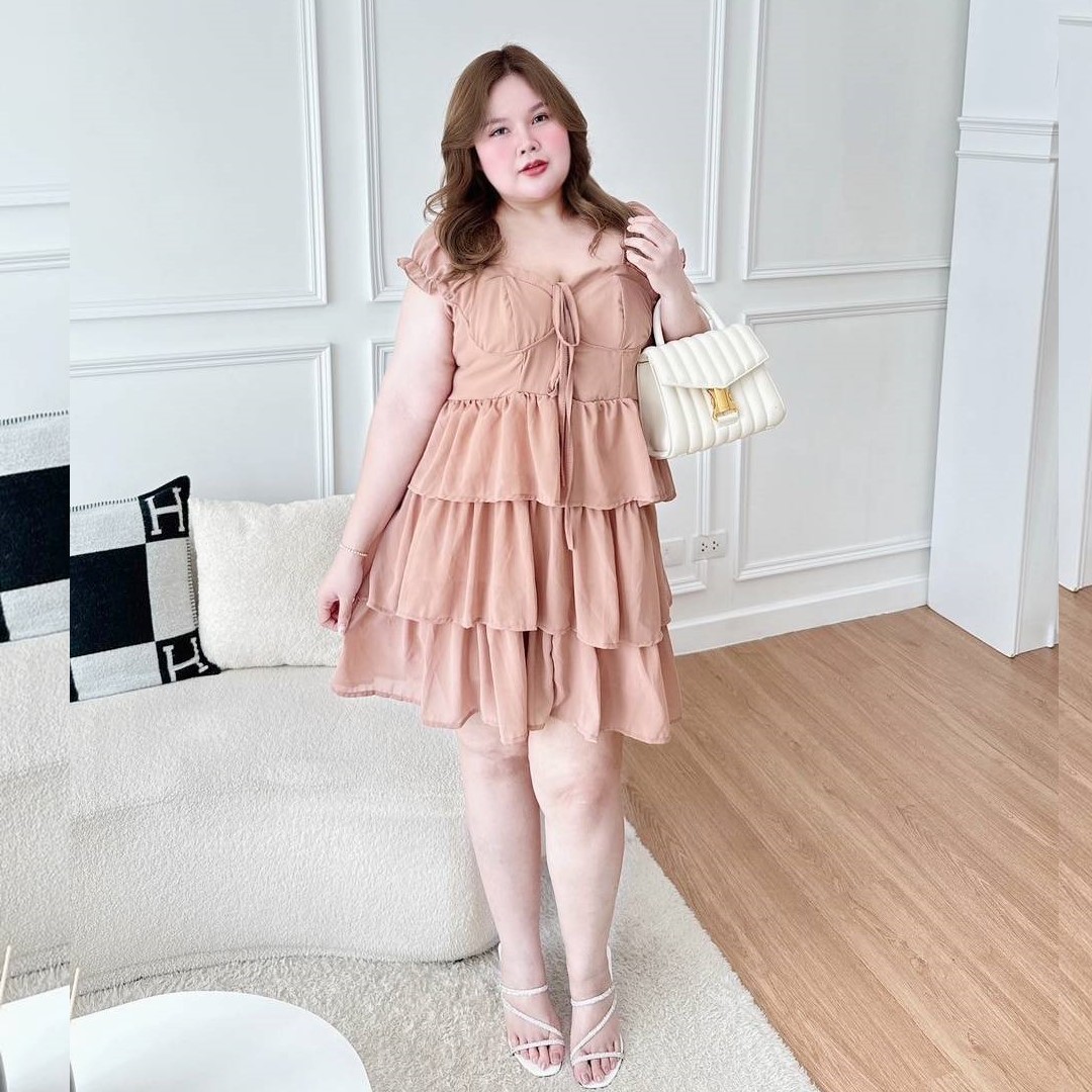 A159 เดรส สาวอวบ ผ้าชีฟอง อกได้ถึง50นิ้ว ชมพู ขาว น้ำตาล ดำ อก40-50นิ้ว