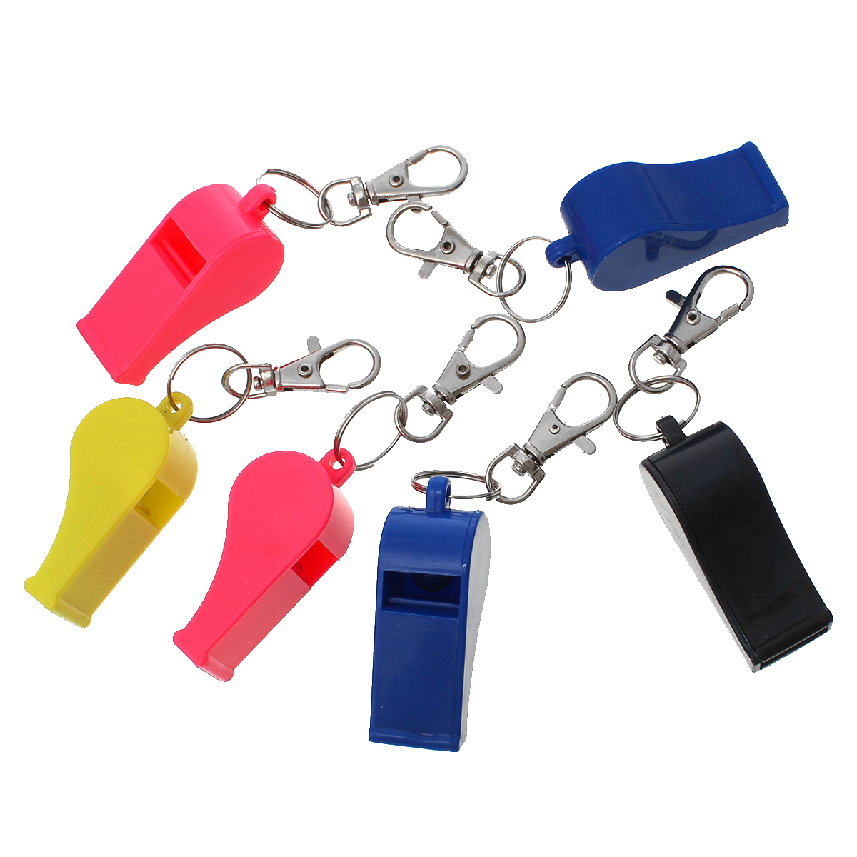 นกหวีดพลาสติกพร้อมห่วงพวงกุญแจและตะขอก้ามปูสีเงิน ขนาด 10.5x1.9 cm. แพ็ค 5 อัน