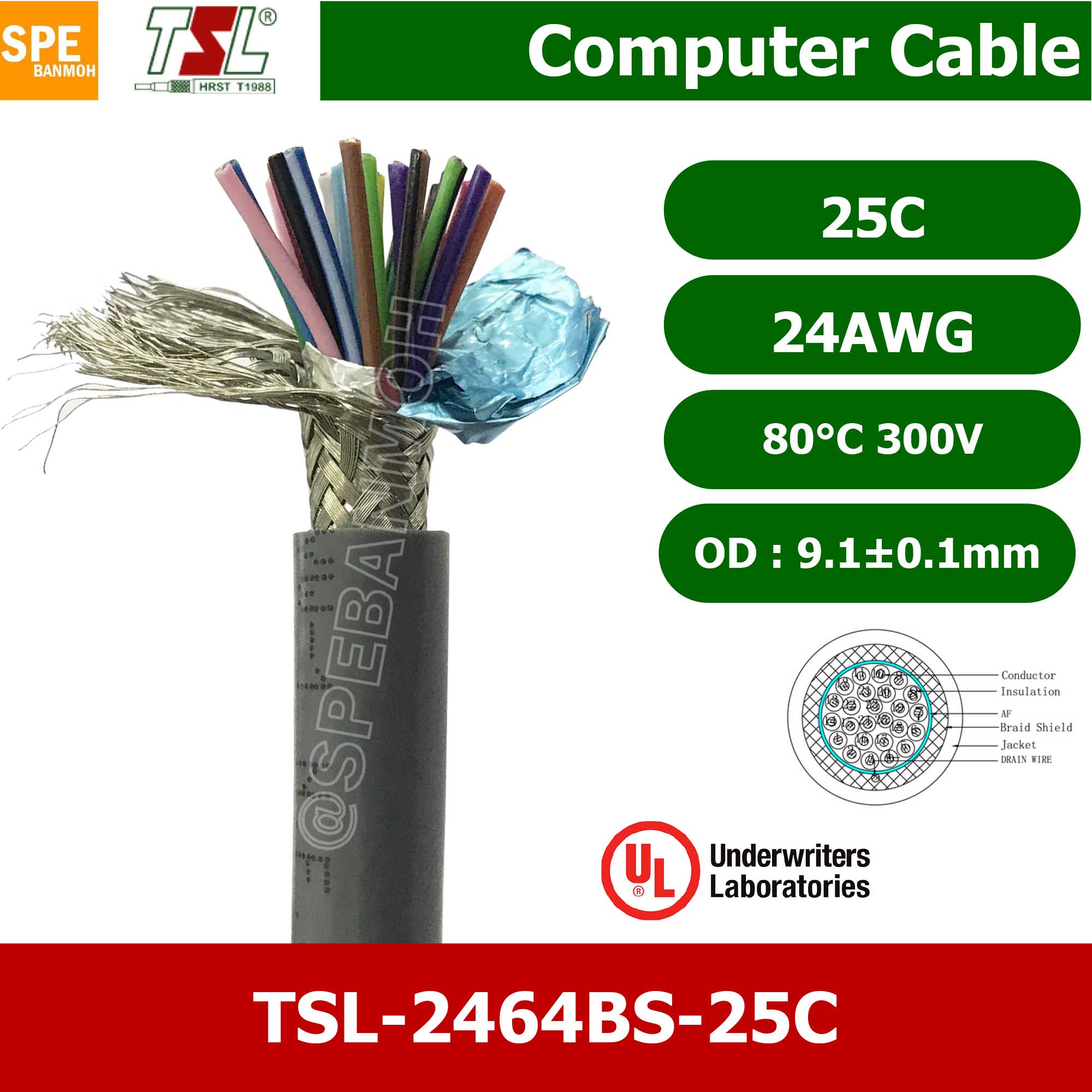 [ 1 เมตร ] TSL UL2464 25C สายคอมพิวเตอร์ 25คอร์ 0.2 mm2 300V 80C สายมัลติคอร์ TSL แบบชีลถัก มาตรฐานUL Braid Shield Mylar Foil แบบชีลถัก สายไฟ สายคอร์นำสัญญาณ