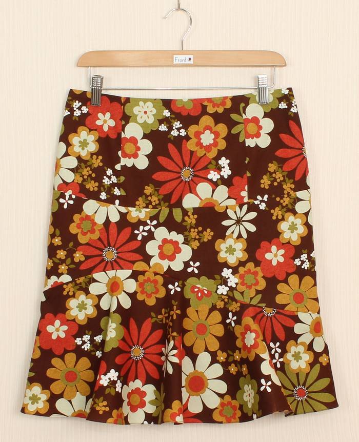 SK-236 กระโปรงแฟชั่น&ทำงาน ทรงย้วย ผ้าคอตต้อนญี่ปุ่นพิมพ์ลายดอกไม้ โทนน้ำตาลเข้ม