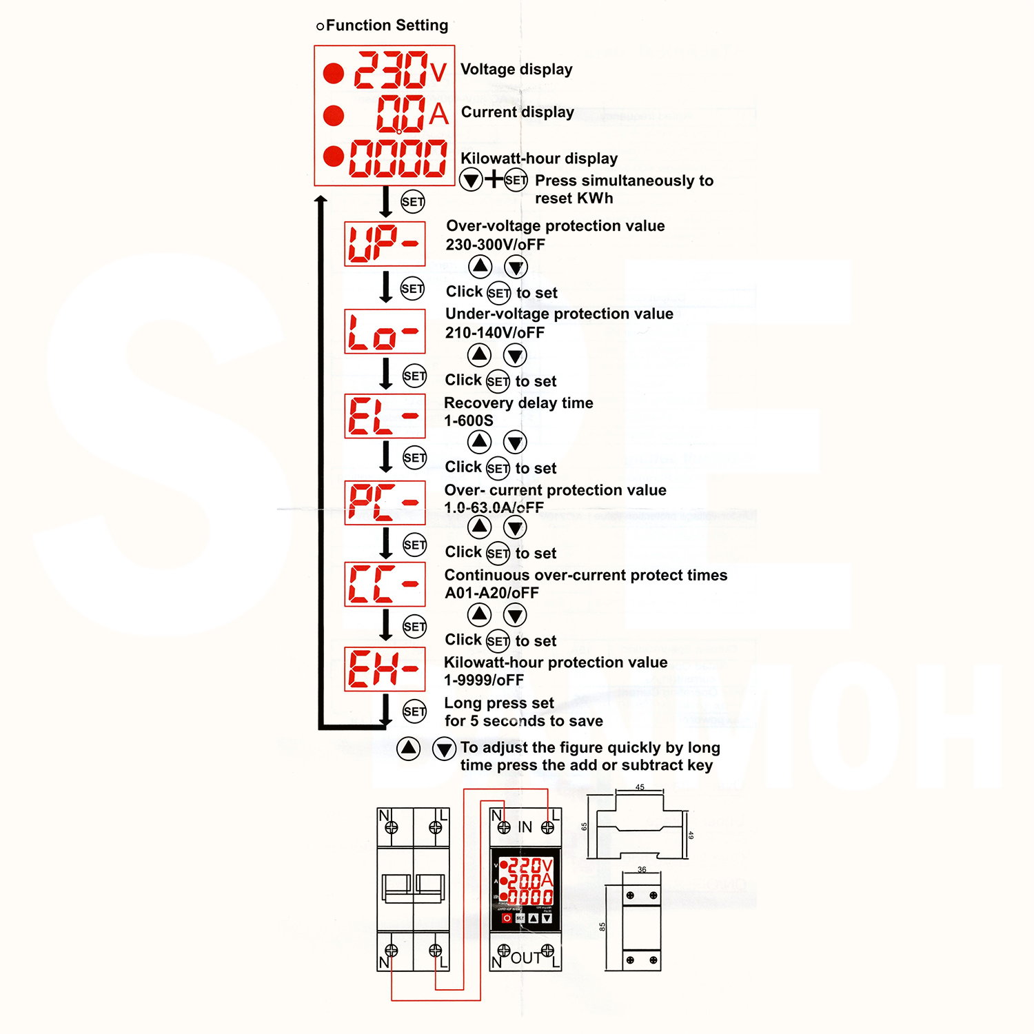 [ 1ชิ้น ] NP2-VA ตัวป้องกันแรงดันไฟฟ้า กระแสเกิน และ KWh Kilowatt hour protection value 1เฟส Adjustable Voltage And Current Protectorโอเวอร์โหลด ป้องกันแรงดันเกินIntelligent Over Under Voltage Protector 1Phase Max 300VAC 63A VA Protector