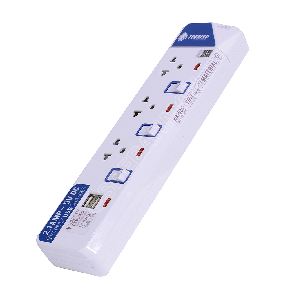 ET-913USB ปลั๊กพ่วง TOSHINO รางปลั๊กไฟมาตรฐาน มอก ระบบป้องกันกระแสไฟเกินอัตโนมัติ ระบบป้องกันไฟกระชาก สวิทช์เปิด - ปิด การใช้งานแยกจุด ผลิตจากวัสดุไม่ลามไฟ ไฟแสดงสถานะการใช้งาน - ม่านนิรภัยป้องกันไฟดูด สายไฟขนาด 3x 0.75 รับไฟ 2300 W USB 2 ช่อง 2.1A ET Ser