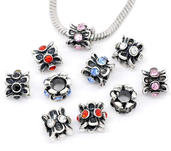 ลูกปัดเงินantique รูปดอกไม้ ขนาด 10x10mm ประดับพลอย Rhinestone 5 เม็ด