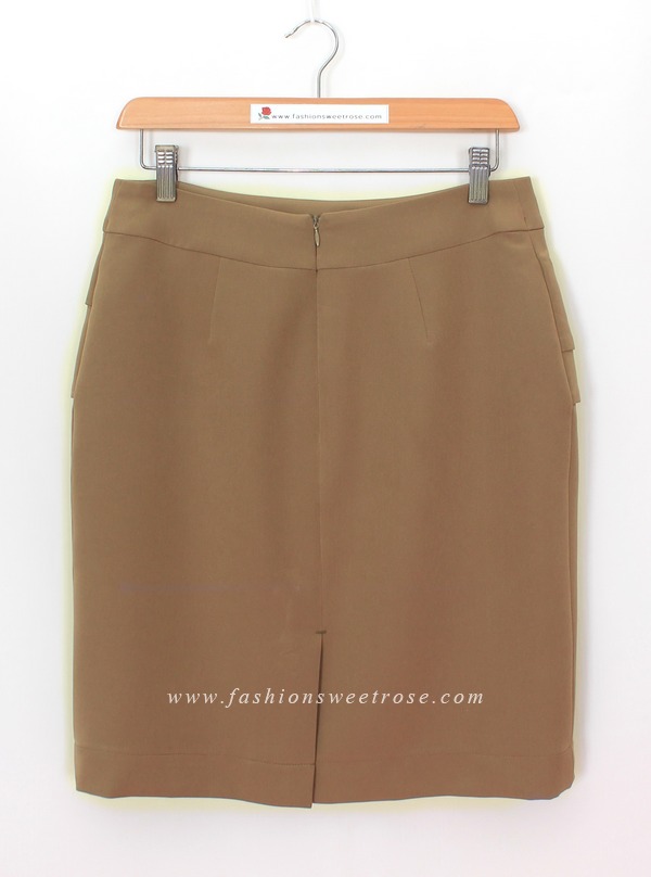 SK-469 กระโปรงทรงสอบ ผ้า Double Twist สีน้ำตาล Chocolate แต่งผ้าซ้อน 3 ชิ้น