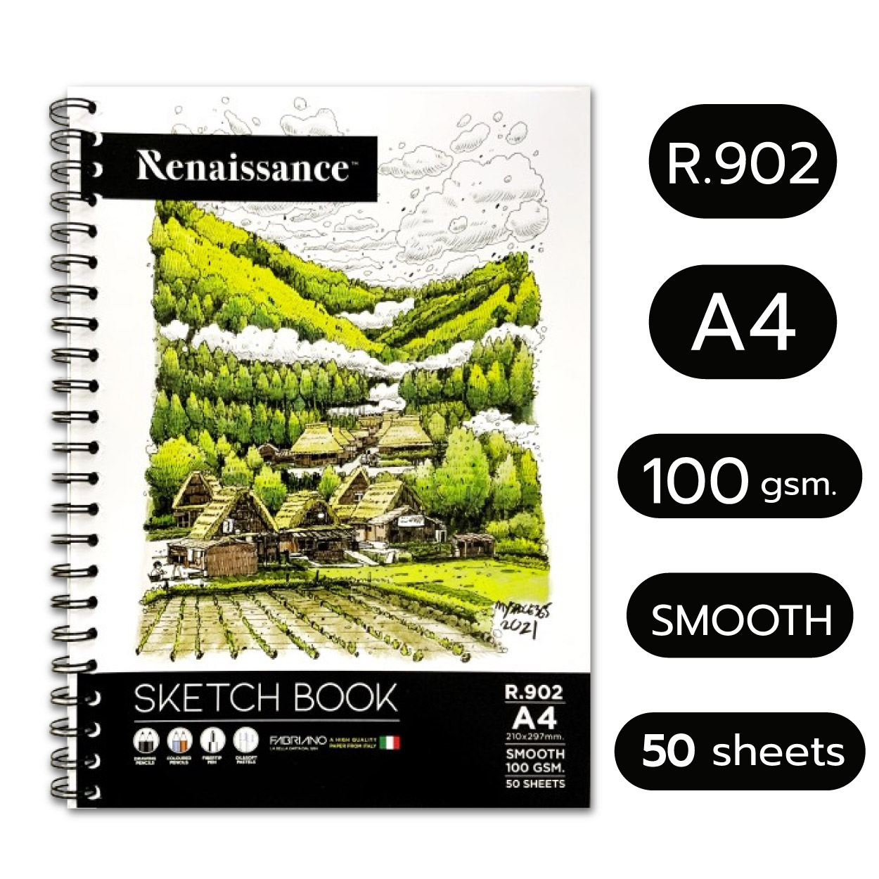 Renaissance & Fabriano สมุดสเก็ตช์ภาพ สมุดวาดภาพ สมุดสเก็ตซ์ 100 แกรม R.902 A4 / R.901 B5 ผิวเรียบ ริมลวด