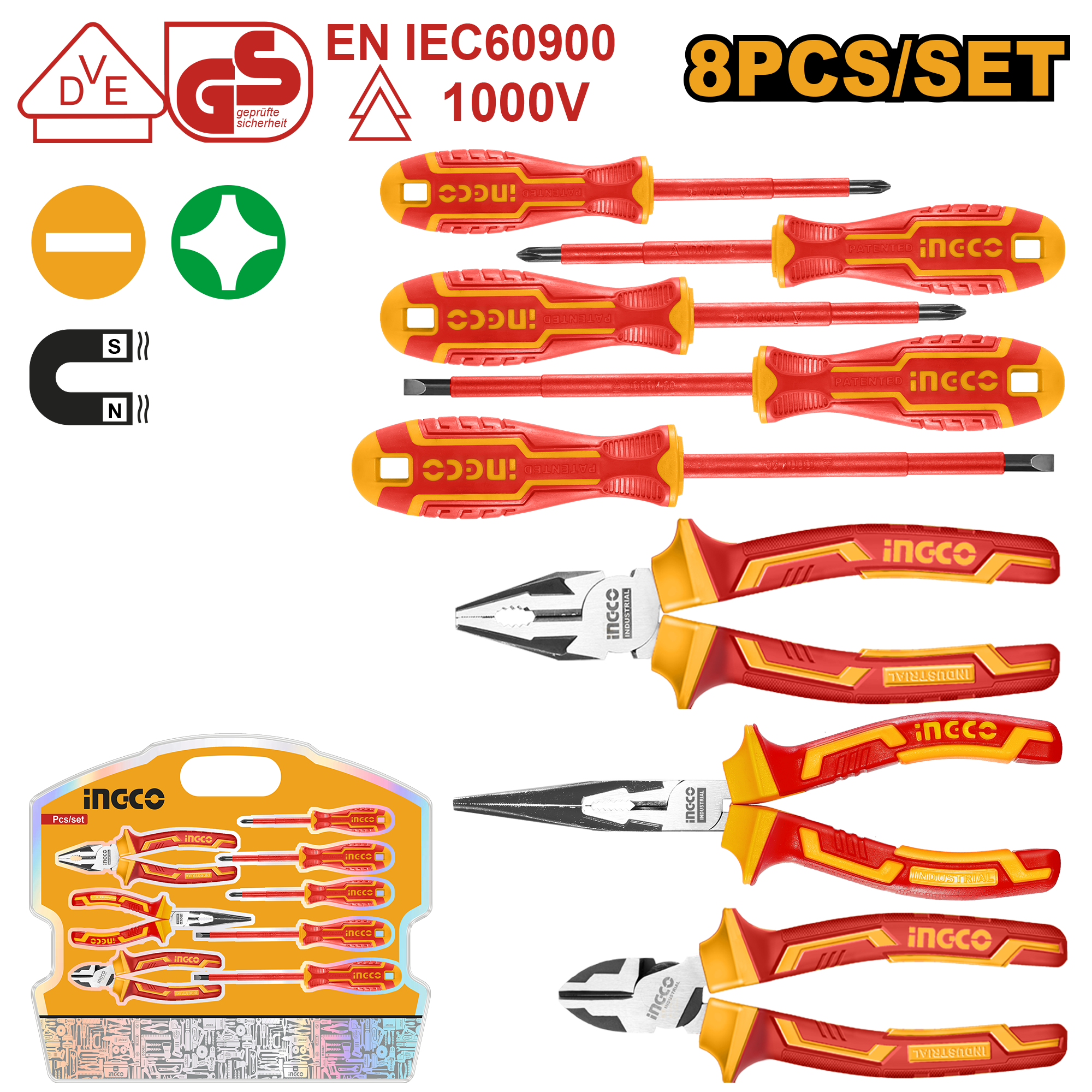 INGCO Combo Set HKIST3081 ไขควง+คีมหุ้มฉนวน ปลายแม่เหล็ก 8ตช. กันไฟ DVE 1000V.(THKTV02H091)