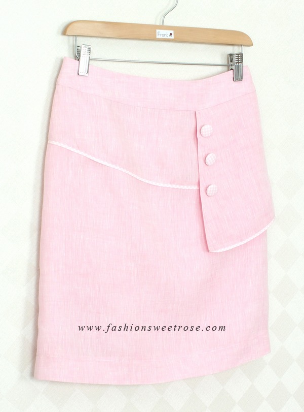 SK-314 กระโปรงทรงเอ ผ้าลินินญี่ปุ่นสีชมพู แต่งกุ้นระบายด้วยผ้าลายสก๊อต