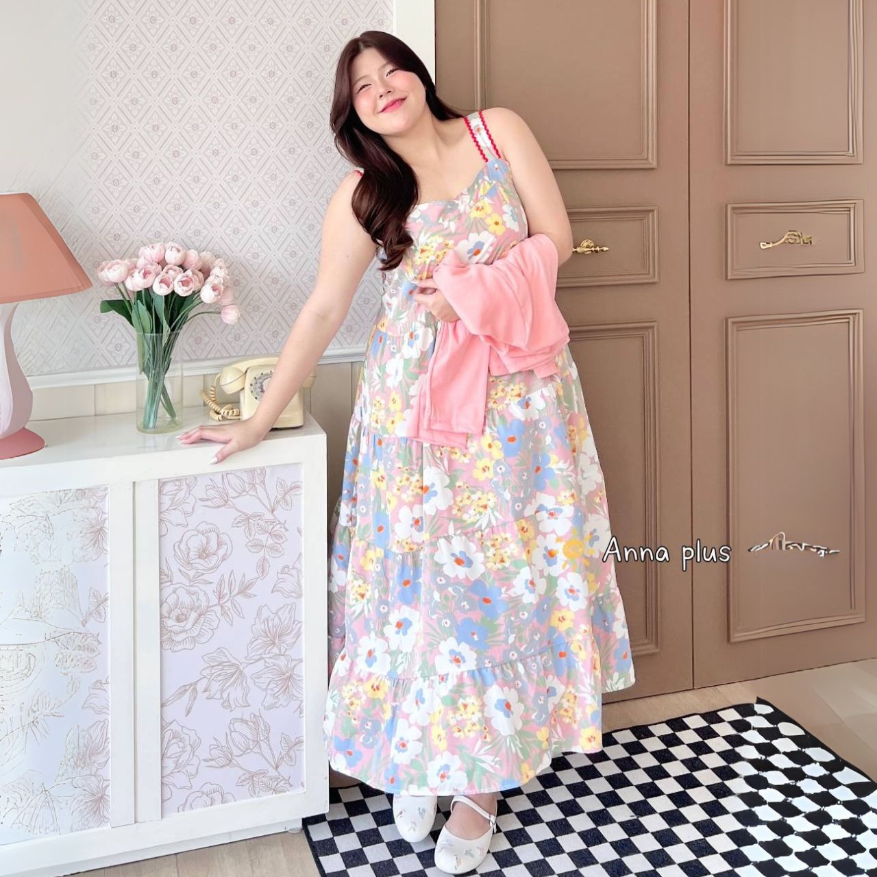 A202 เดรส สาวอวบ ลายดอก สม็อคหลัง มาพร้อมเสื้อคลุมจะรับเฉพาะเดรสอย่างเดียวก็ได้ ชมพู ฟ้า เขียว อก40-50นิ้ว