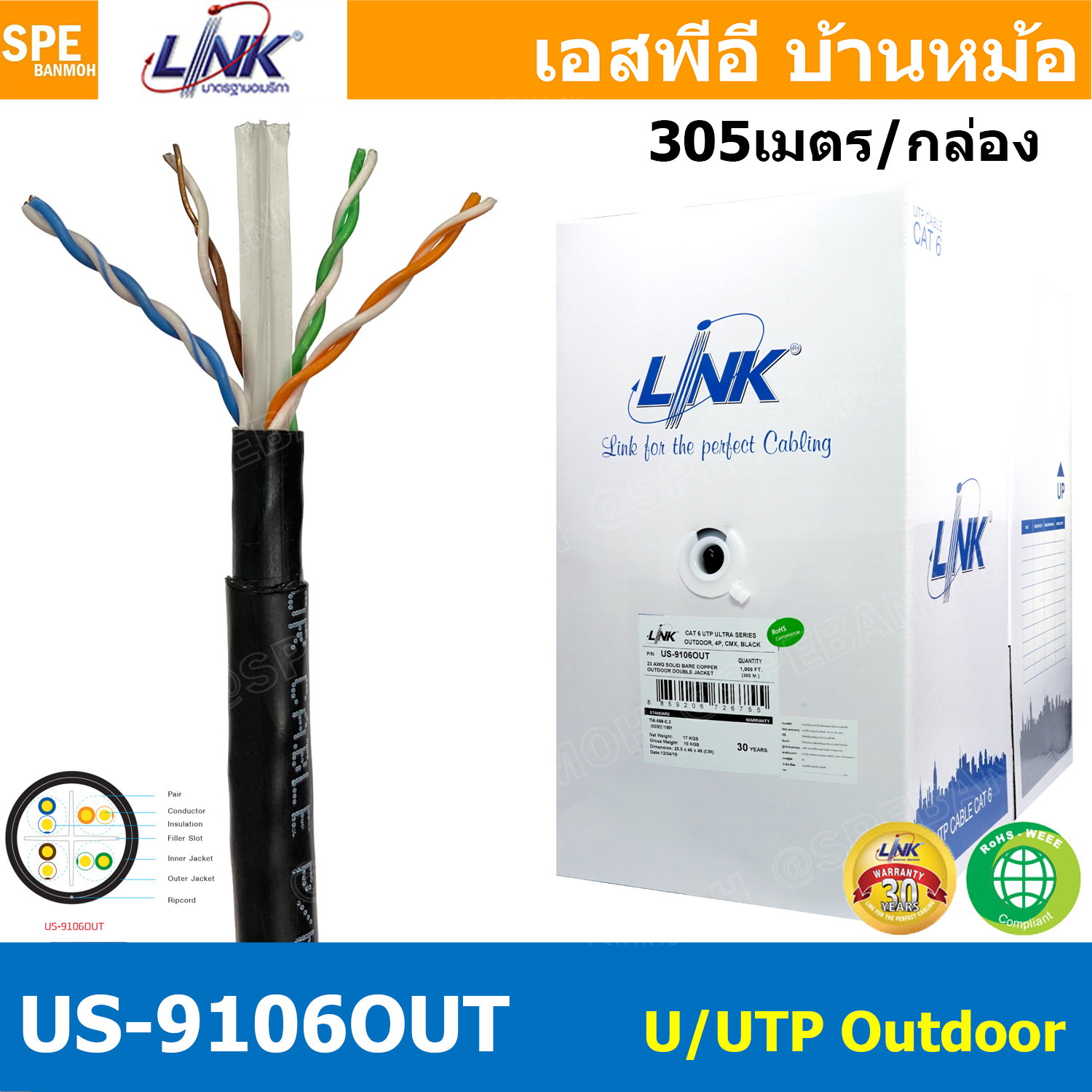 [ 305 เมตร ] US-9106OUT สายแลน LINK ภายนอก รุ่น US-9106Out CAT6 ฉนวนสองชั้น Duble Jacket Link Lan Cable US-9106 สายสีดำ CAT 6 UTP Enhanced CABLE 600 MHz PE OUTDOOR Color Black CAT6 US-9106LINK สายแลน Outdoor