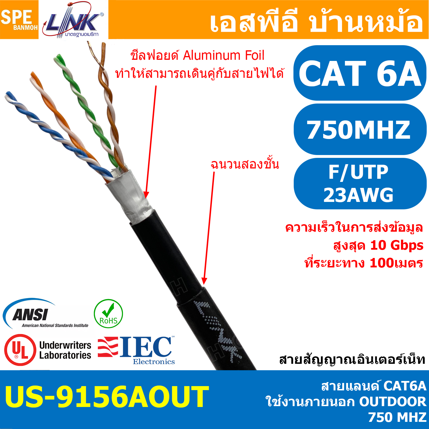 [ 1 เมตร ] US-9156A OUT สายแลนด์ ภายนอก CAT 6A OUTDOOR UTP Link Category 6A 23AWG Cable ทองแดงแท้ ลิ้งค์ CAT6A สายเคเบิลเครือข่าย Lan Cable สายแลนเน็ต สายเน็ต สายต่อเน็ต สายข้อมูล Gbps SSTP Gigabit Network Copper LAN