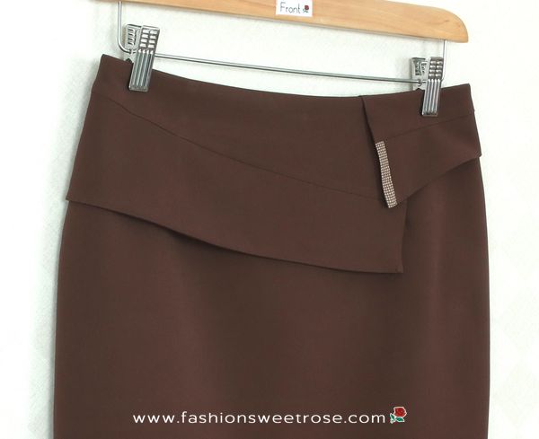กระโปรงแฟชั่น&ทำงาน กระโปรงทรงสอบผ้าไหมอิตาลีสีน้ำตาล ตัดแต่งด้วยผ้า 2 ชิ้น / SK-289