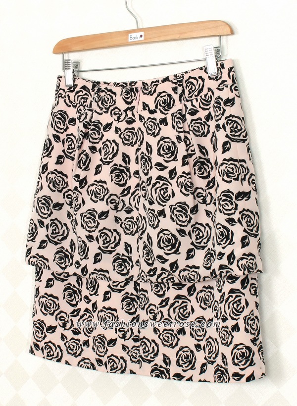 SK-320 กระโปรงแฟชั่น&ทำงาน ทรงสอบ ผ้าวาเลนติโนพิมพ์ลายดอกกุหลาบดำพื้นชมพู ตัวกระโปรงซ้อนกัน 2 ชั้น