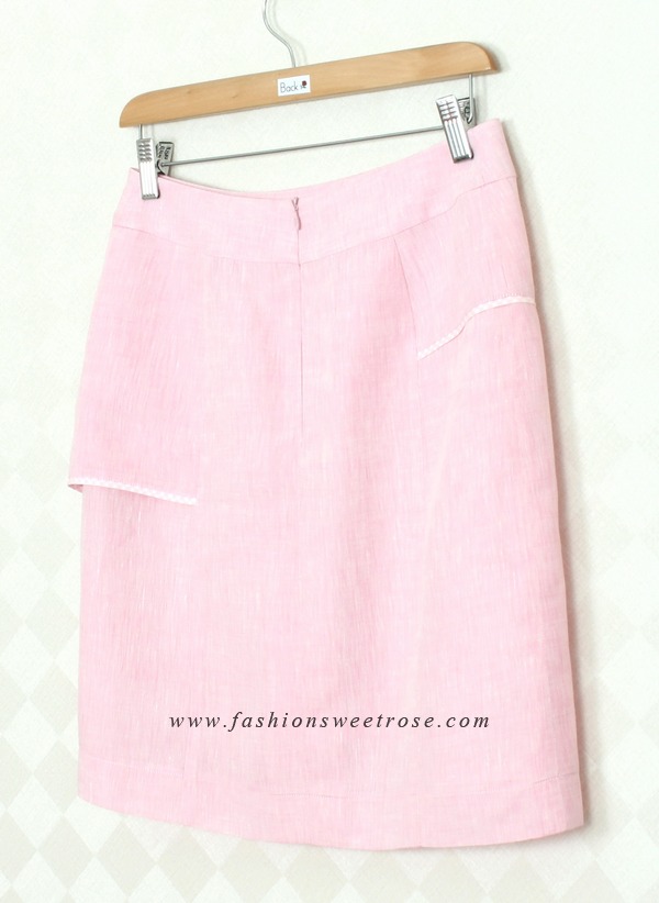 SK-314 กระโปรงทรงเอ ผ้าลินินญี่ปุ่นสีชมพู แต่งกุ้นระบายด้วยผ้าลายสก๊อต