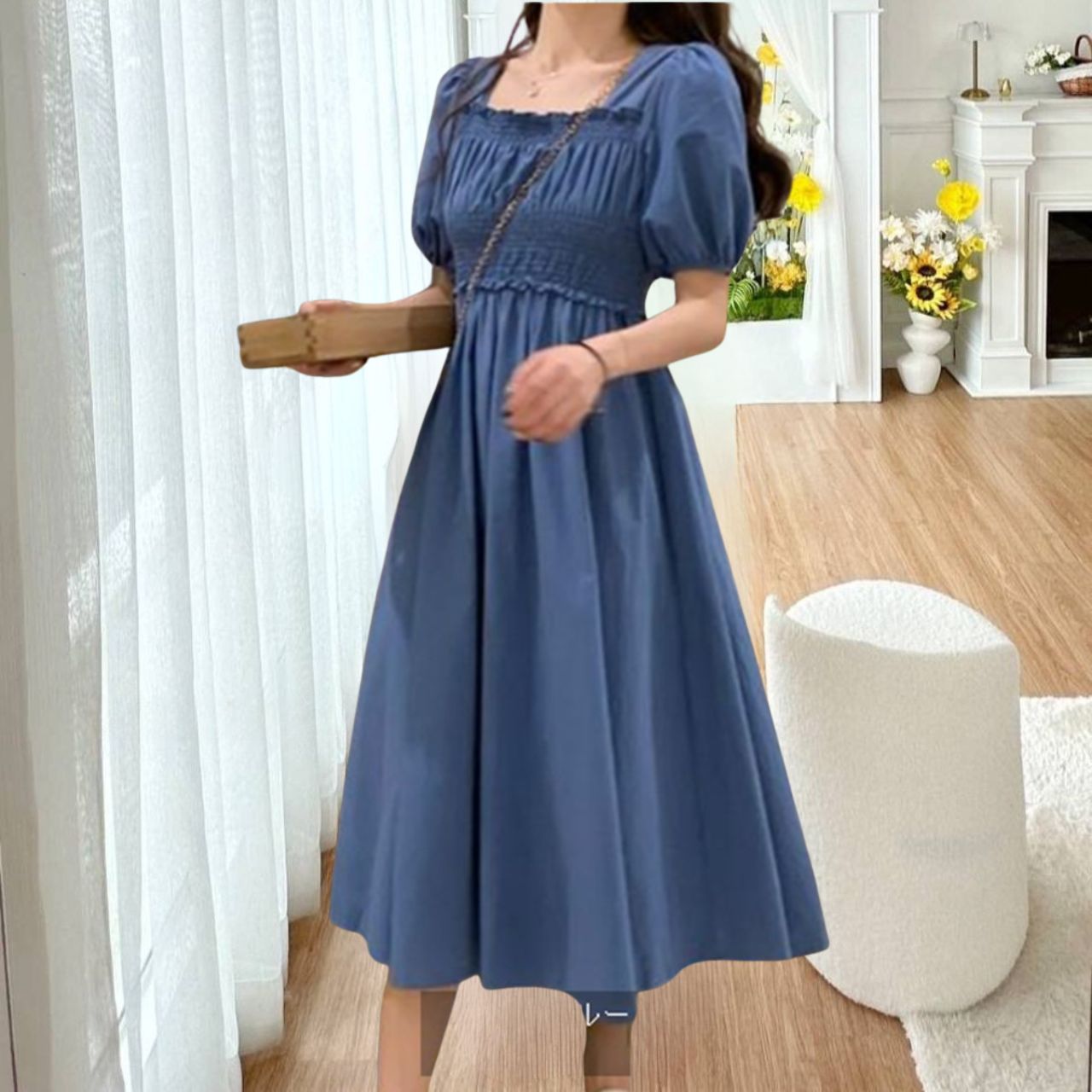 N009 เดรส สม็อครอบอก ใส่เที่ยว ใส่ออกงานหรือจะใส่คลุมท้องก็น่ารัก กรมท่า อก 30-38 นิ้ว
