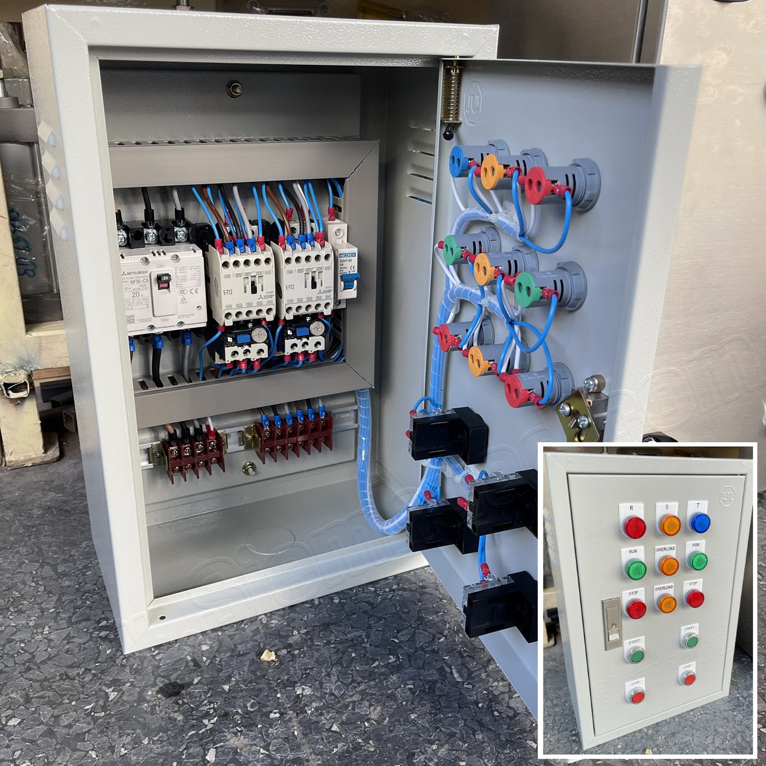 ตู้ควบคุมมอเตอร์ Start Stop สตาร์ท สต๊อป (อุปกรณ์ไฟฟ้า WALL MOUNTING CABINET (KJL), LED Pilot Lamp (PNC), Control Switch (T&B), CIRCUIT BREAKER (MITSUBISHI), CONTACTOR (MITSUBISHI), MCB (MEZEEN)