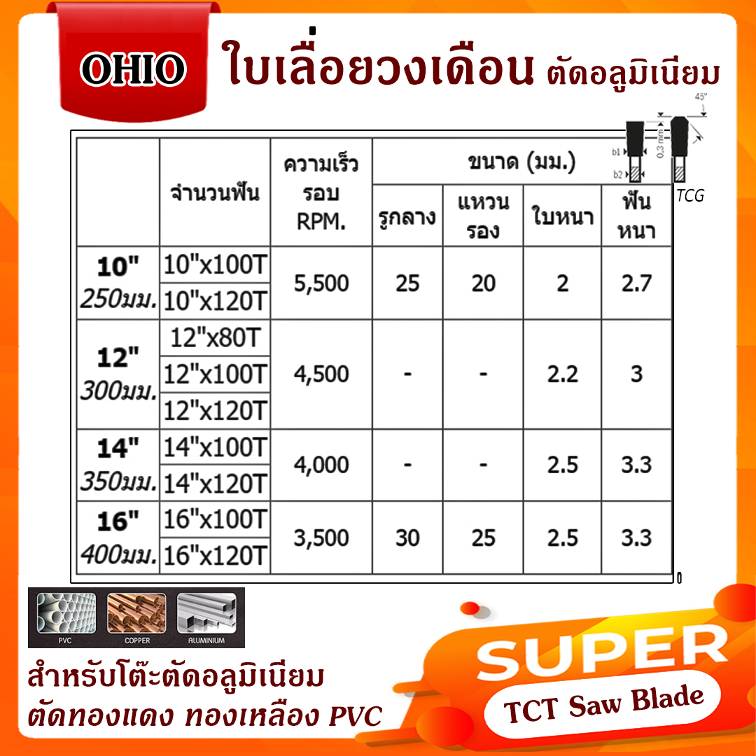 OHIO ใบเลื่อยวงเดือน ตัดอลูมิเนียม ทองแดง ทองเหลือง PVC 10-16นิ้ว โอไฮโอ (สินค้ามีตัวเลือก)
