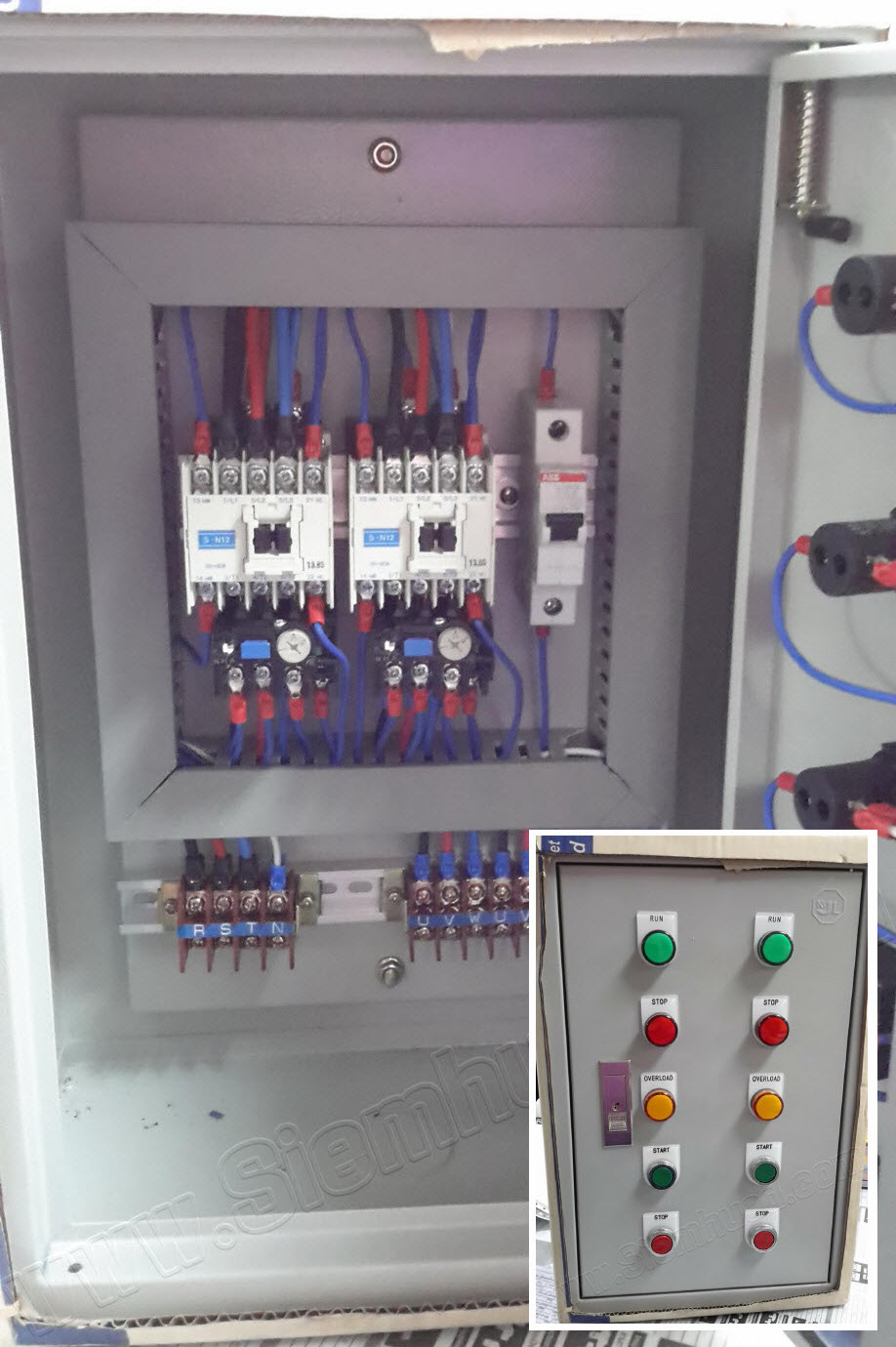 ตู้ควบคุมมอเตอร์ Start Stop สตาร์ท สต๊อป (อุปกรณ์ไฟฟ้า WALL MOUNTING CABINET (KJL), Miniature Circuit Breaker (ABB), Control Switch (TEND), MAGNETIC CONTACTOR (MITSUBISHI)