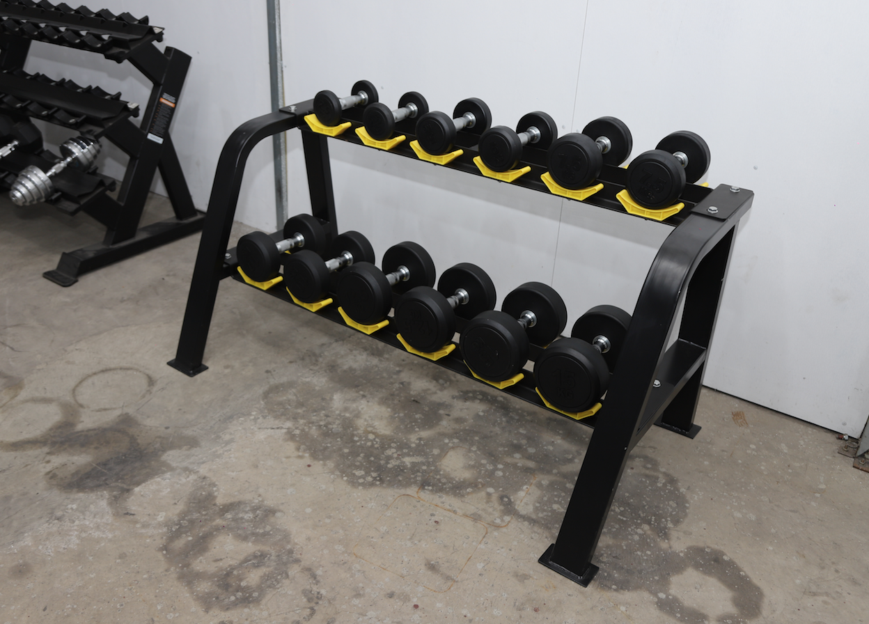 ชุดดัมเบลกลมหุ้มยาง 6 คู่ พร้อมชั้นวาง 2 ชั้น (งานระดับยิมมาตรฐานฟิตเนส)