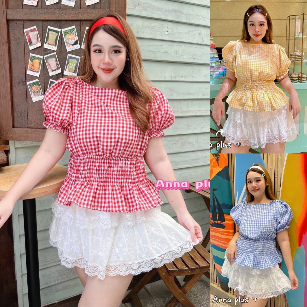 A241 เสื้อสาวอวบ Plus size ลายสก็อต เอวสม็อครอบตัว ฟ้า เหลือง แดง อกได้ถึง50 นิ้วหน้าผ้า52นิ้ว