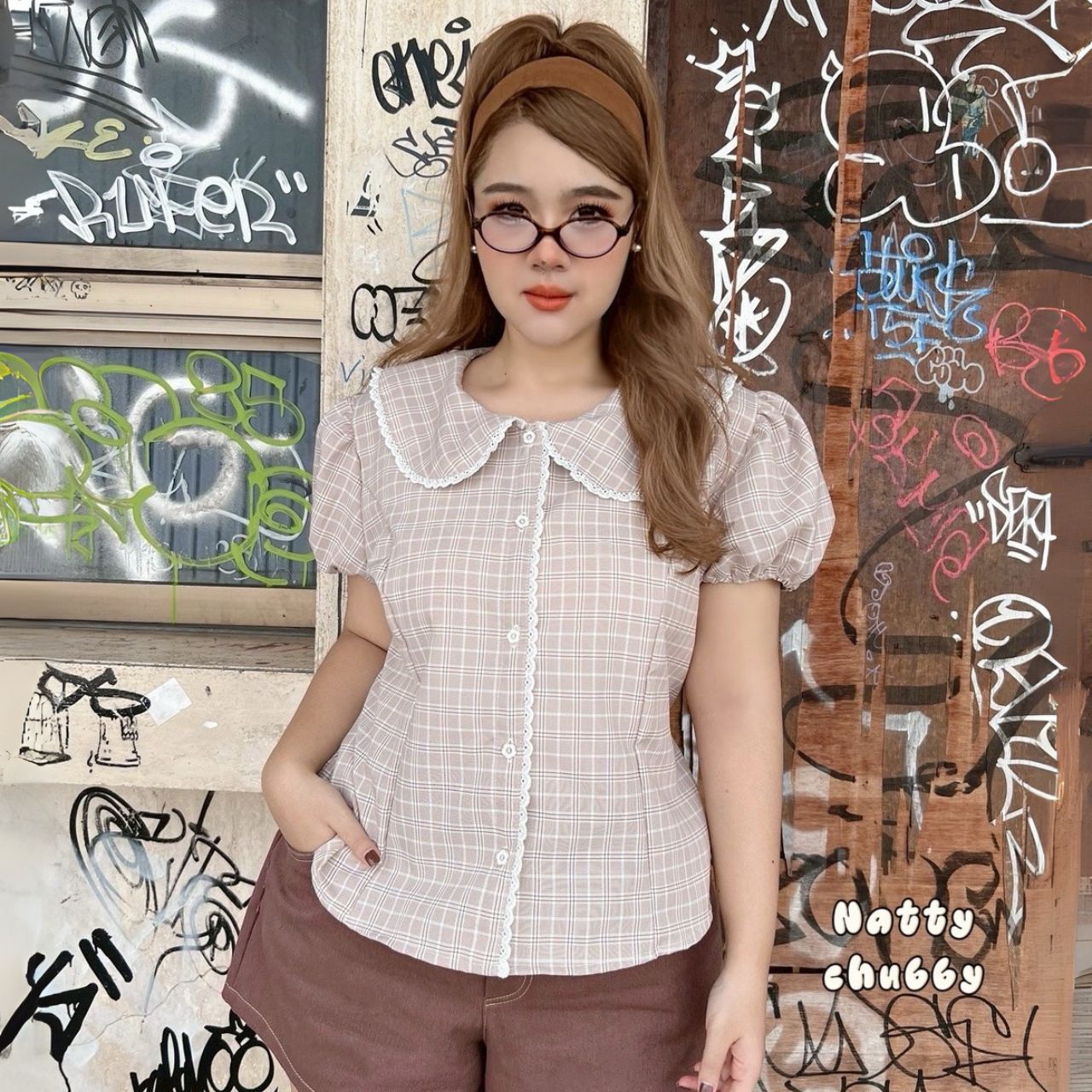 J151 เสื้อ สาวอวบ คอบัวแขนตุ๊กตา ผ้าลายสก็อต แต่งลูกไม้ที่คอและตัว โอรส ครีม เหลือง ม่วง อก 38-50 นิ้ว